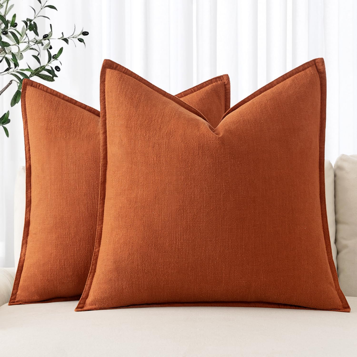 MIULEE Fall Decorative Linen Euro Sham Pillow Covers 24x24 Burnt Orange ?Boho Farmhouse? ?Neutral Couch Throw Pillows for Bed Pack of 2 Accent Modern Pillowcase Summer Sofa Livingroom Home Decor 24" x 24" (Pack of 2) Burnt Orange 2