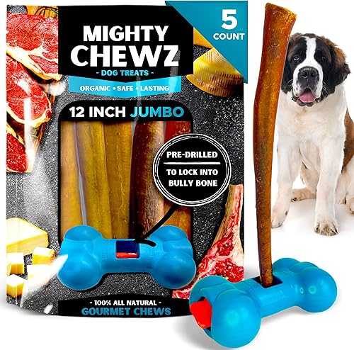 Palos de carne jumbo de 12 pulgadas (paquete de 5) con dispositivo de seguridad Bully Stick, sin asfixia, palitos de Pizzle totalmente naturales y