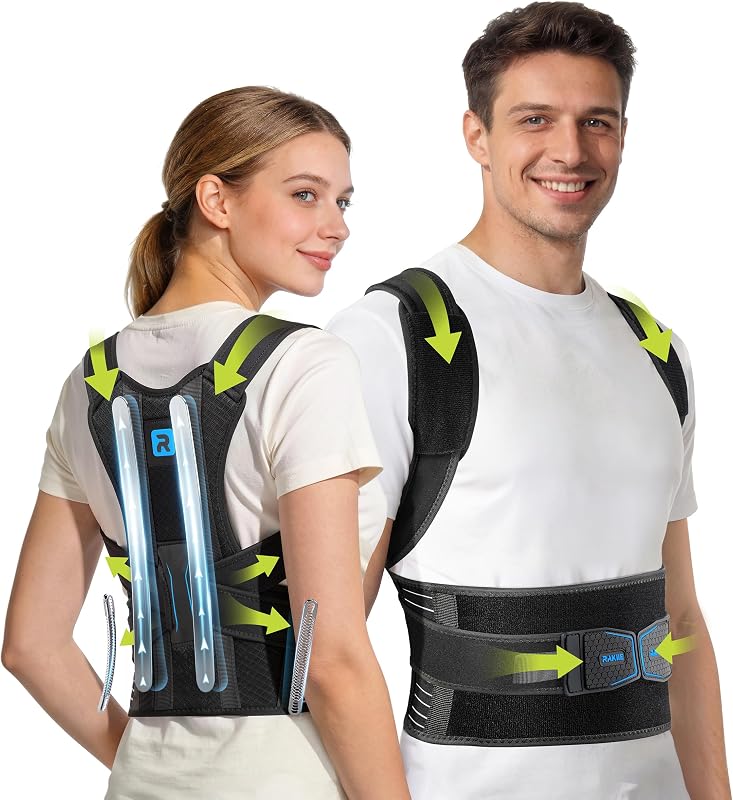 Posture Corrector 4 Bars Adjustable | Cushioned Pads, Straightens Hunchback, Round Shoulders, Relieves Back Pain, Fits Men/Women, Blue, M