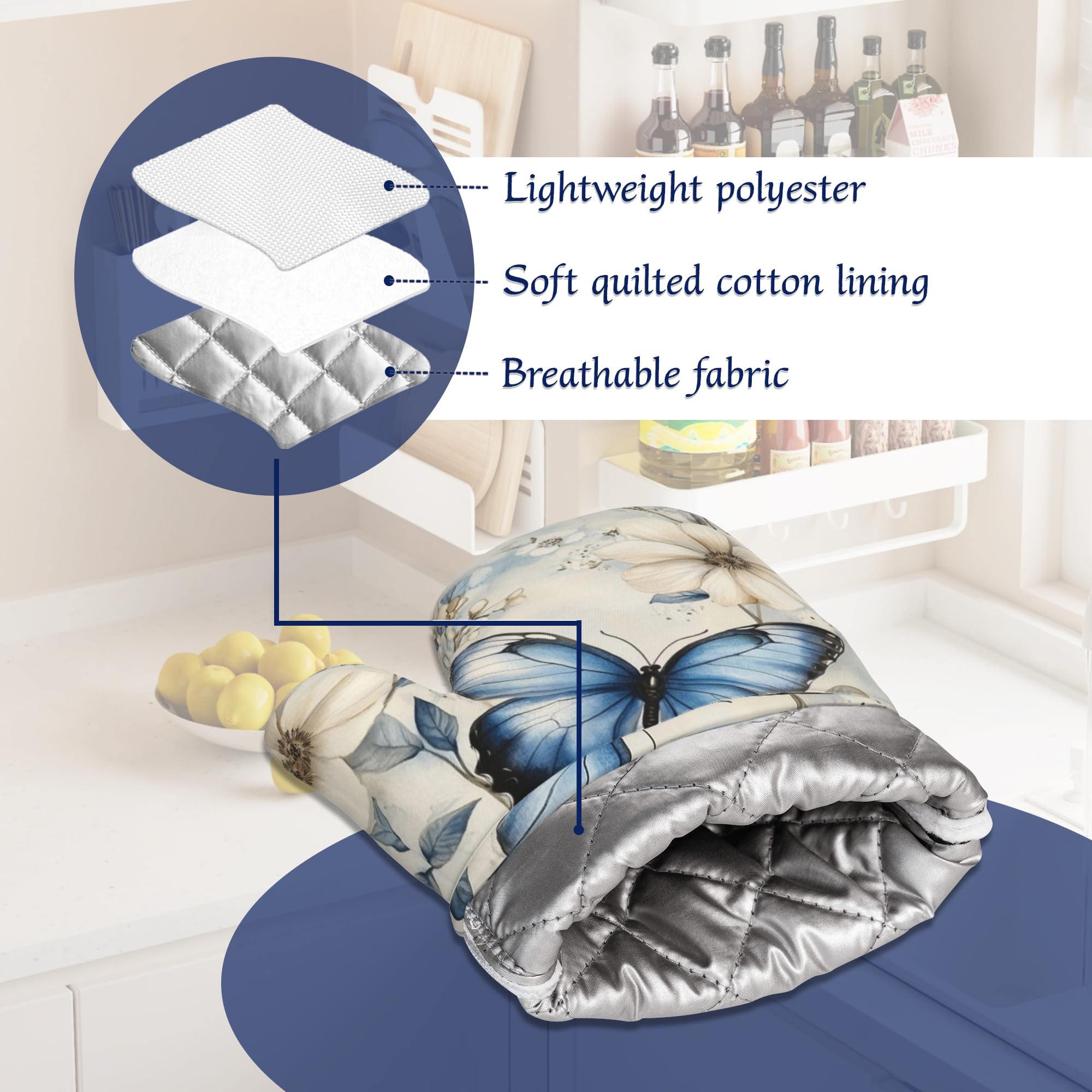 Ofenhandschuhe und Topflappen-Set, blau, Schmetterling, Silikon, Küchenhandschuhe, Topflappen, Frühlingsblumen, hitzebeständig, 4 Ofenhandschuhe, heiße Pads zum Backen, Kochen, Grillen, Heimdekoration