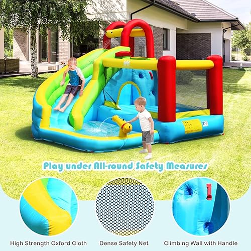 Miniatura 5 de BOUNTECH Tobogán acuático inflable, casa para saltar de agua 6 en 1 para niños, diversión al aire libre con soplador de 750 W, piscina para