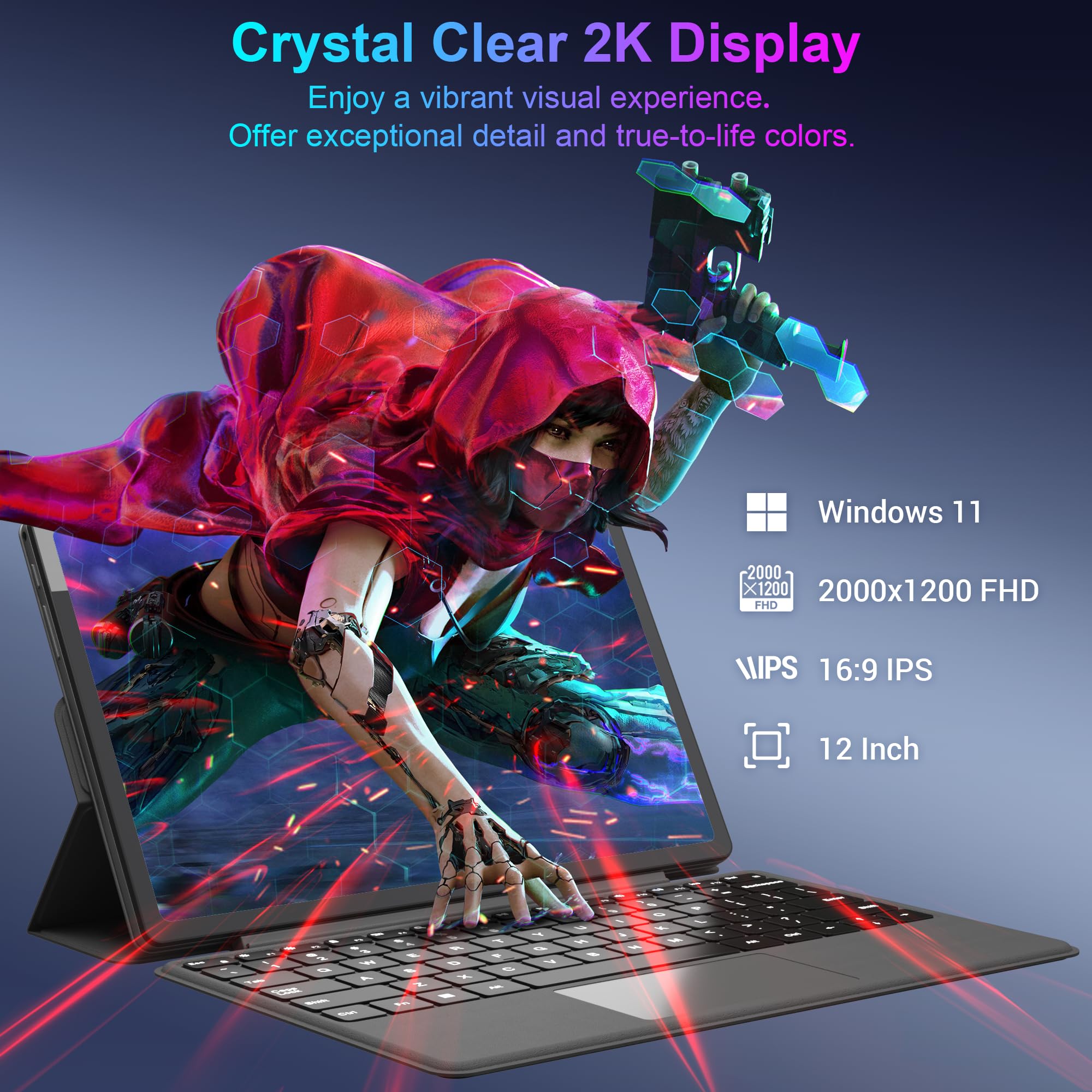2025 New 2-in-1 Laptop/Tablet, 12 Inch 2K FHD IPS Touchscreen