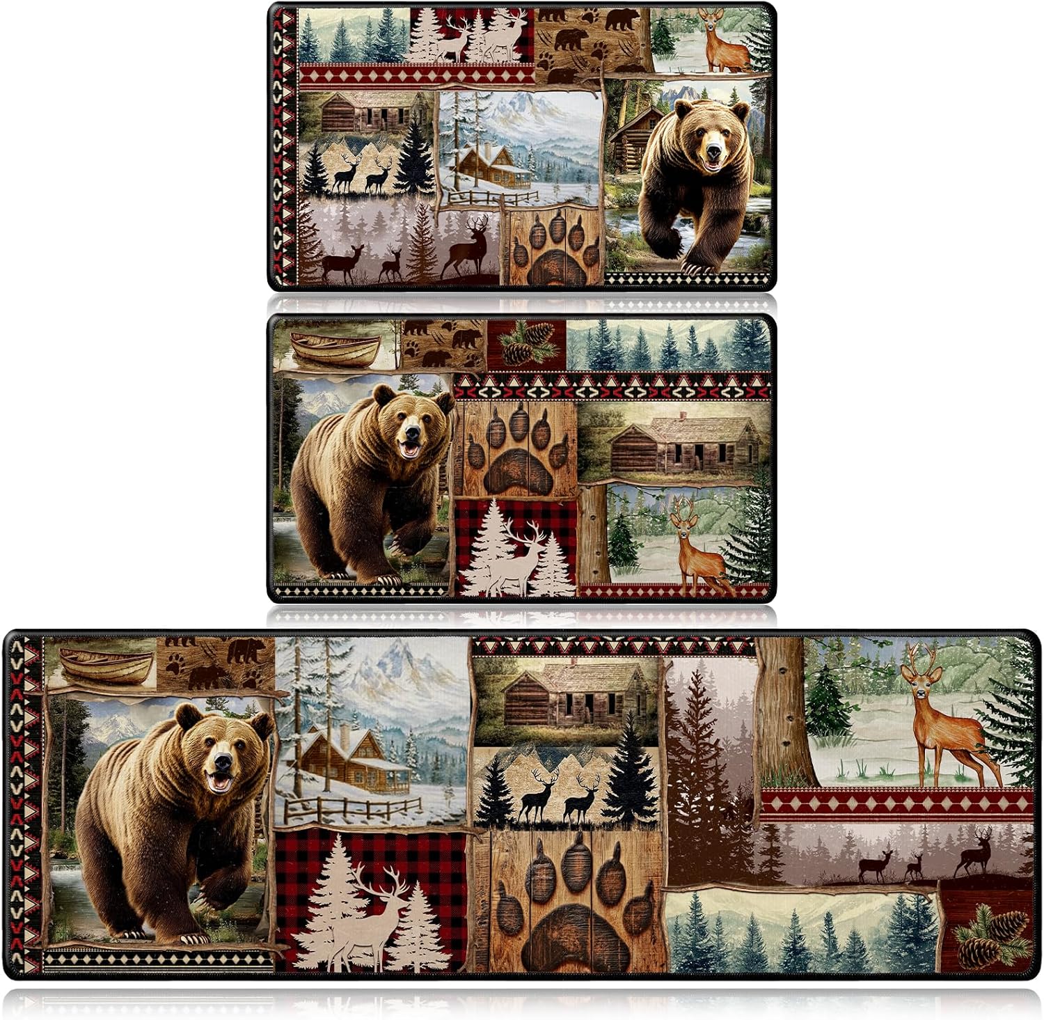 Farmhouse Kitchen Rugs Sets of 3, Rustic Forest Bear Deer Kitchen Mats Non-Slip, Washable Rugs for Bathroom Entrance Bedroom Home Decor(16 X 28 + 16 X 47 Inches)