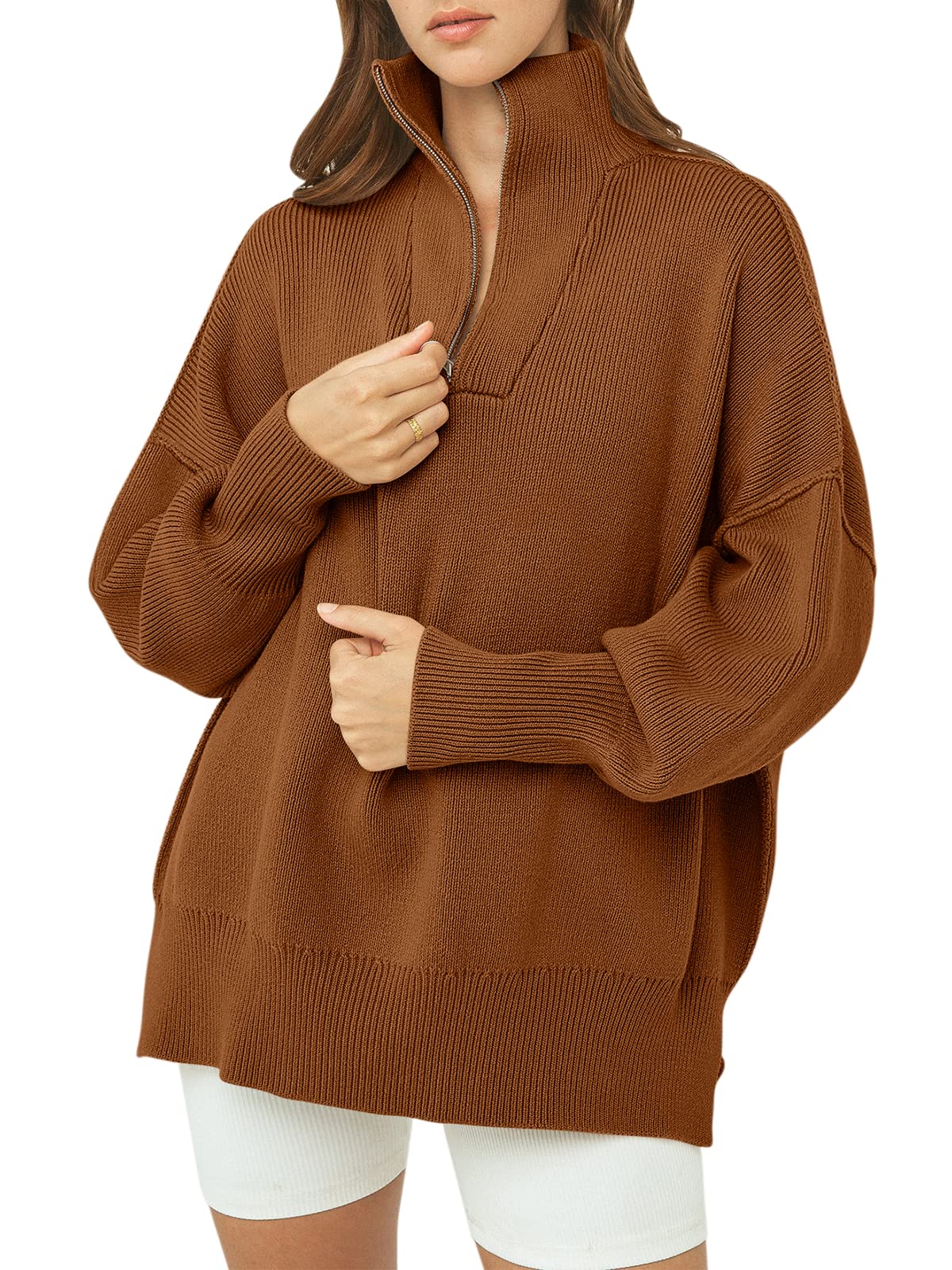 Caracilia Sweaters for Women 2024 Fall Oversized Zip Up Long Sleeve Casual Lapel Collar Drop Shoulder Soft Cozy Warm Loose Slouchy Pullover Clothes Clearance C56A6-hongzong-S Red Brown