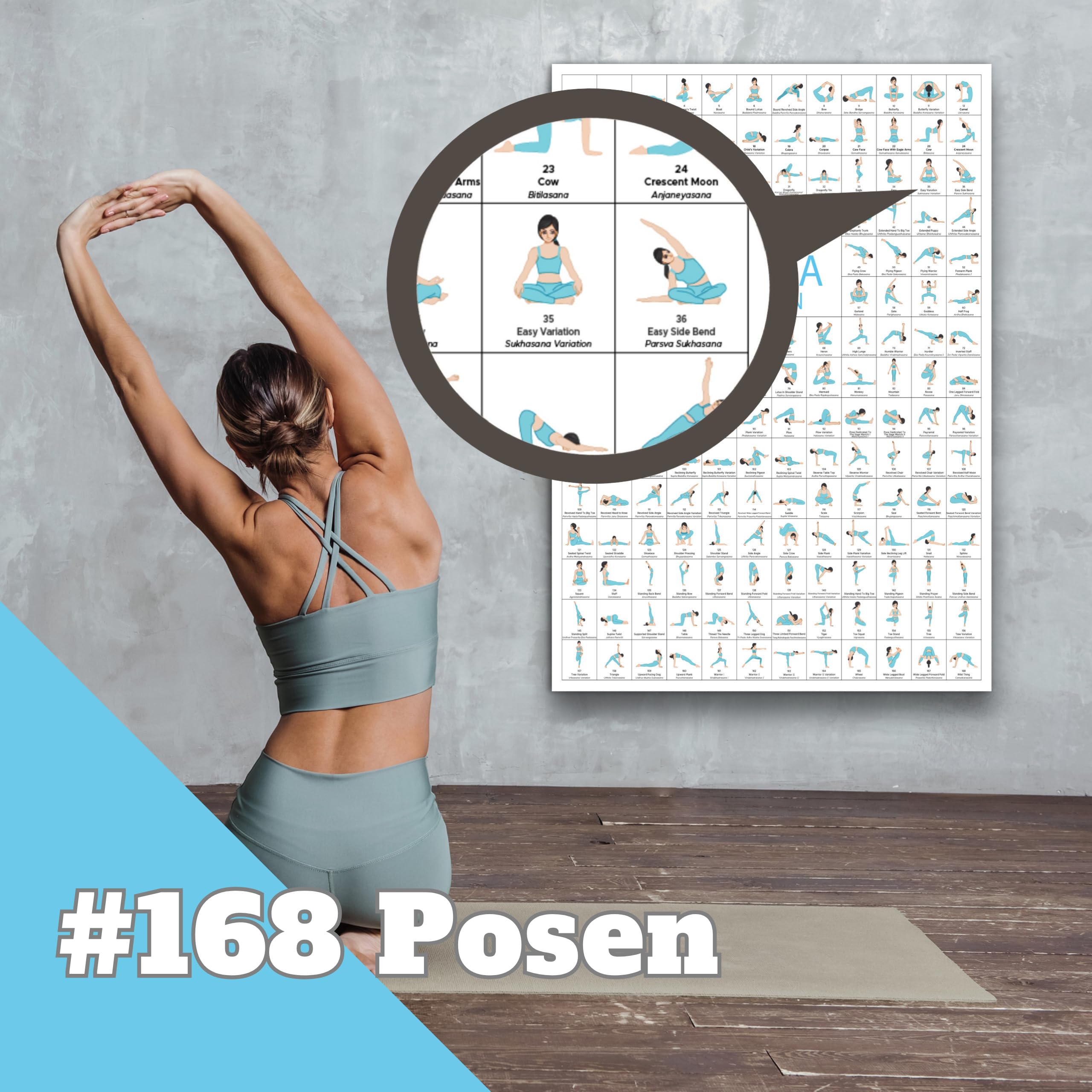 CLEAN SPORTS Póster de yoga DIN A1 con 168 asanas y poses de Hatha • Práctico póster de asanas para ejercicios en casa o en el estudio • Idea de regalo para principiantes y profesionales • Elegante