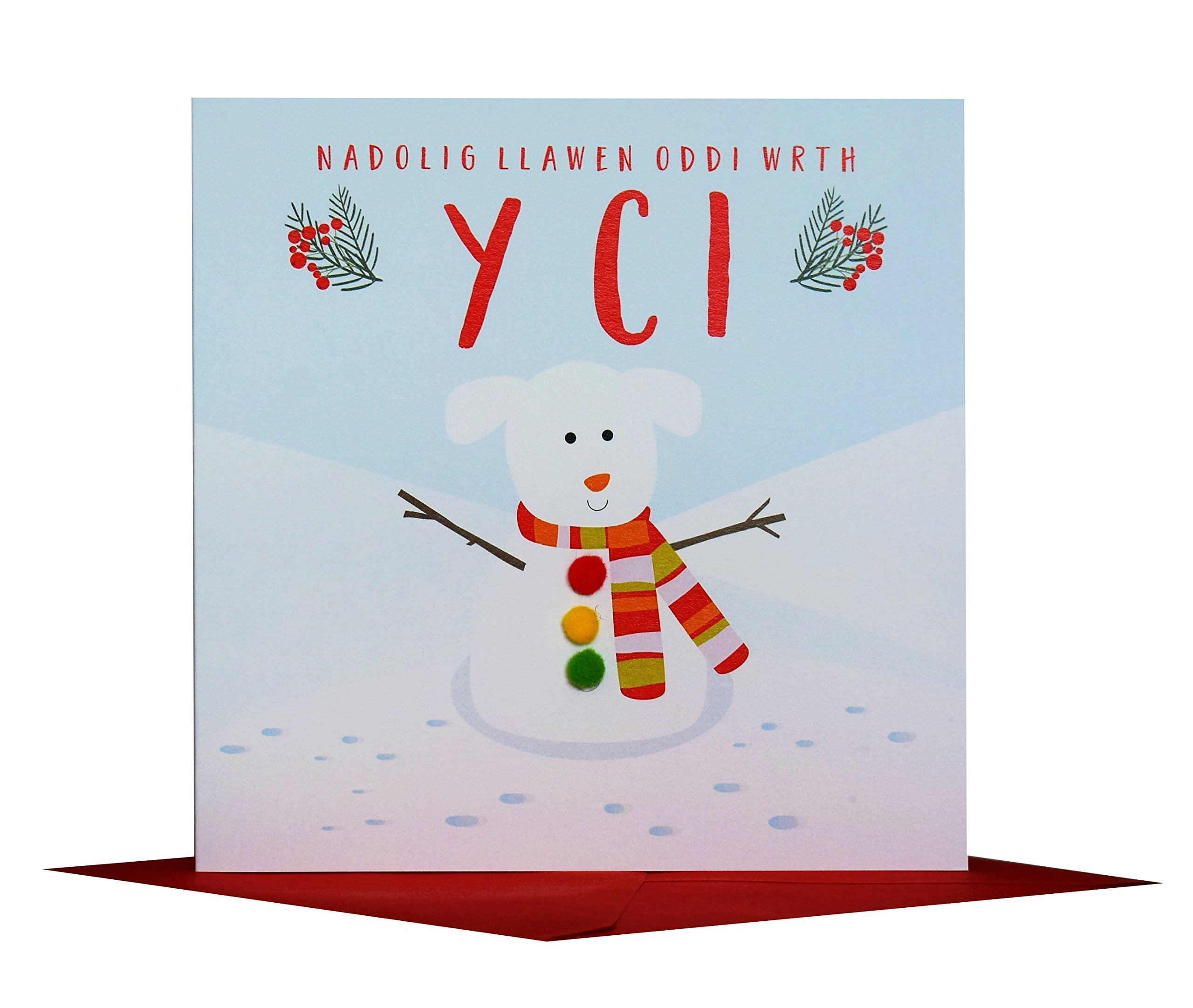 Claire Giles Greeting Cards, Welsh Happy Christmas from The Dog Card, Nadolig Llawen Ci, Embellished with Colourful Pompoms