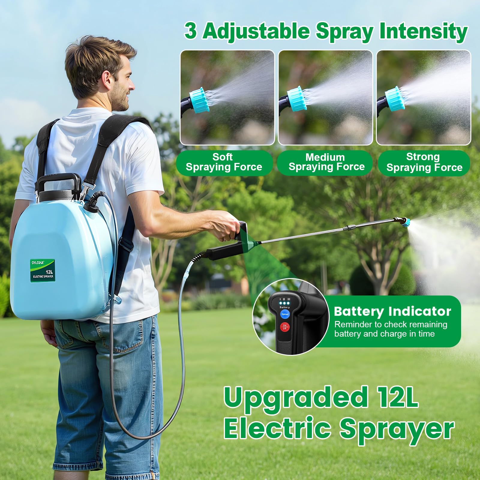 SYLSTAR Drucksprüher 12 Liter, 3 Sprühgeschwindigkeiten Drucksprüher Akku mit 5 Nebeldüsen,7.4V Stärker Rückenspritze für Gartenspritze, Unkrautspritze & Wassersprüher (12L)