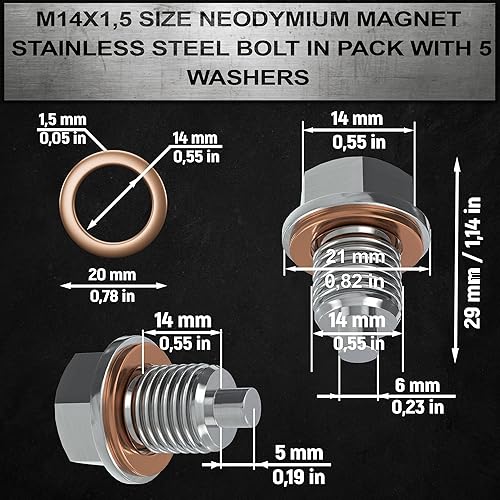 Miniatura 7 de Tapón de drenaje de aceite de acero magnético con revestimiento de zinc M12x1.75 con 5 sellos de junta de arandela de goma, repuesto de 0.47