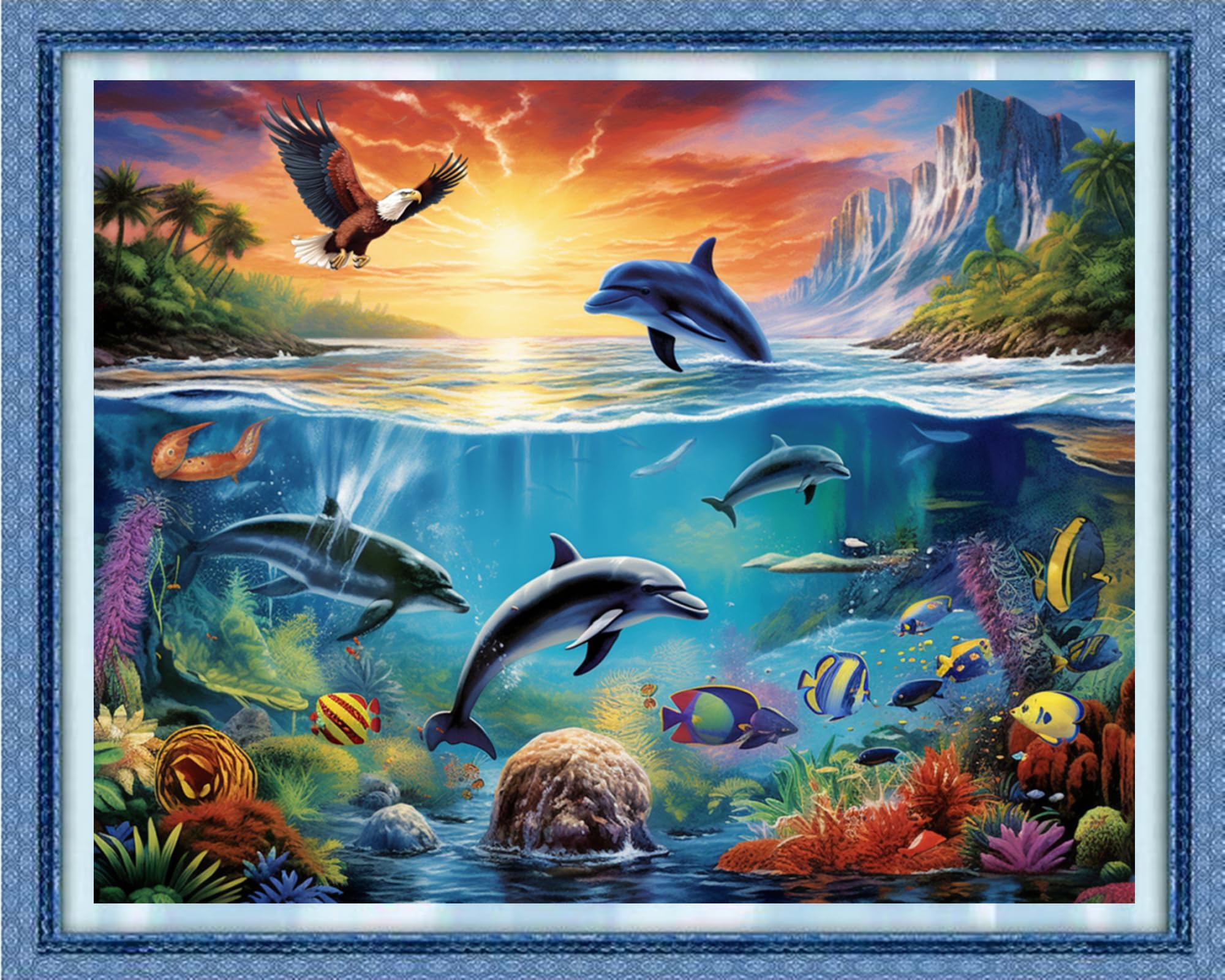 Dooxvey Cross Stitch Kits for Adults Stamped Full Range of Embroidery Starter Kits for Beginners 11CT Printed Cross Stitch Patterns Needlepoint Kits Stamped Crossstitch-Dolphin Scenery 16x20 inch