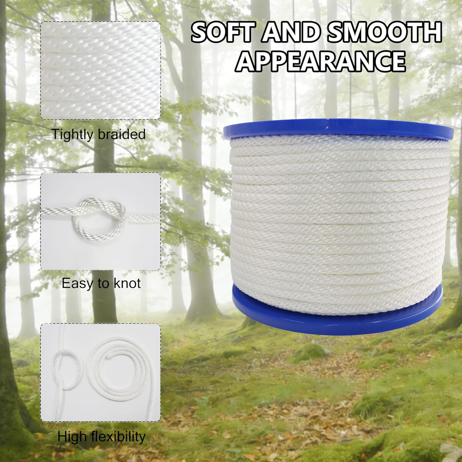 1/4 Inch 300FT Nylon White Solid Braid Rope - Durable Multi-Purpose Utility Cord, Strong & Flexible, Low Stretch, Weather Resistant for Camping, Boating, DIY & Outdoor Use