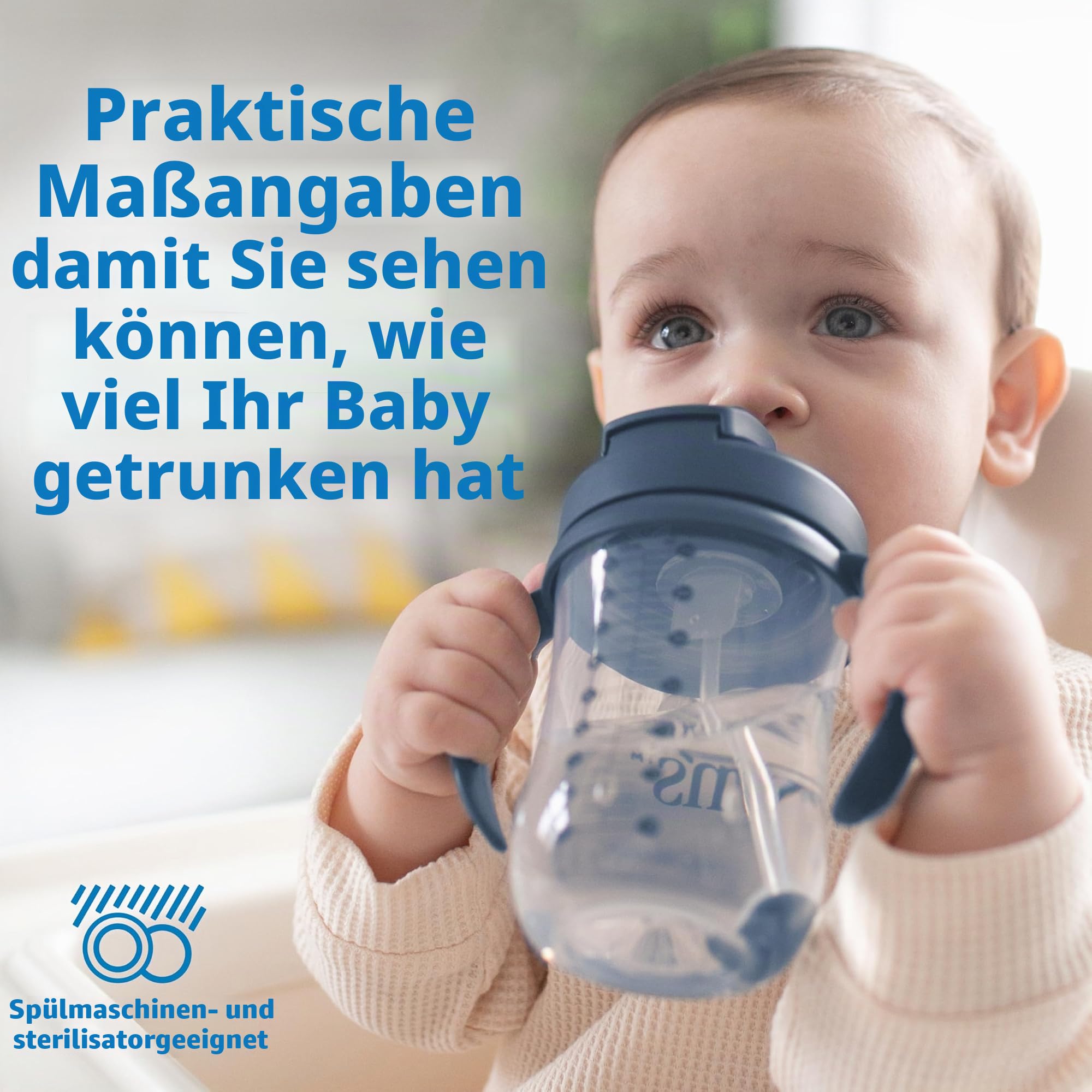 Dr. Brown's Milestones Baby's First Straw Cup, Trainingsbecher mit beschwertem Strohhalm, 270 ml, Dunkelblau, BPA-frei, ab 6 Monaten