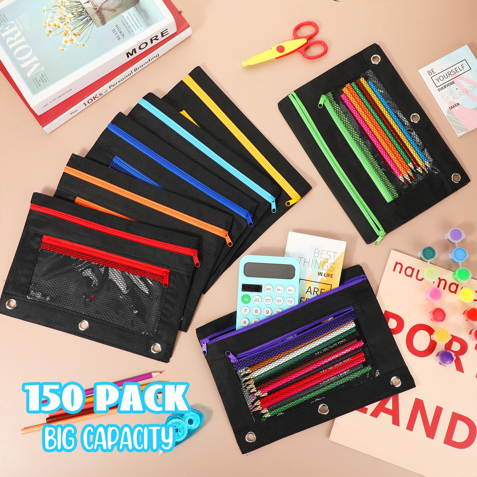 150 sacchetti con cerniera per raccoglitori a 3 anelli, con cerniera, con finestra in rete, raccoglitore ad anelli, astuccio per matite o forniture per ufficio (nero)
