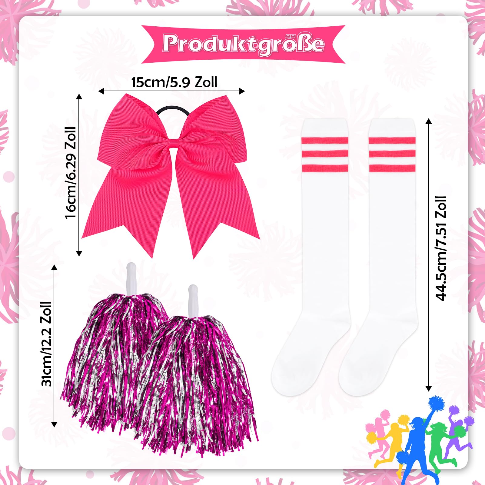 Kit Pompom Girl Enfant – 2 Pompons Rose/Argent + Nœud Cheveux Rose + Chaussettes Rayées Cheerleader