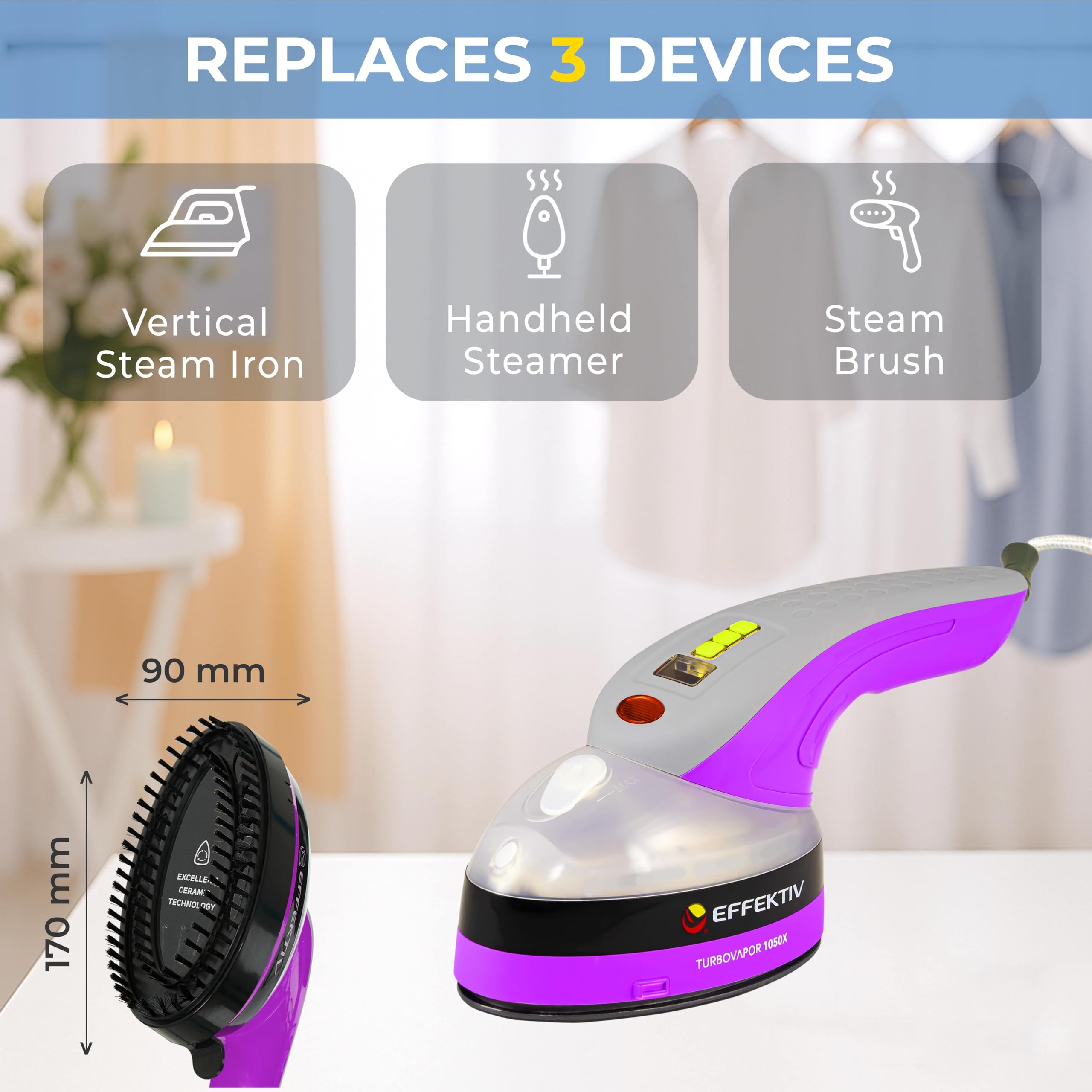 EFFEKTIV 1050X Żelazko Pionowe Steam 3 w 1, Ciągły Steam 400mg/min, Ręczny parowiec 1600W, Steam do odzieży Portatil, Zbiornik 250ml, 4 tryby cyfrowe LED, podeszwa ceramiczna, Automatyczne wyłączanie,
