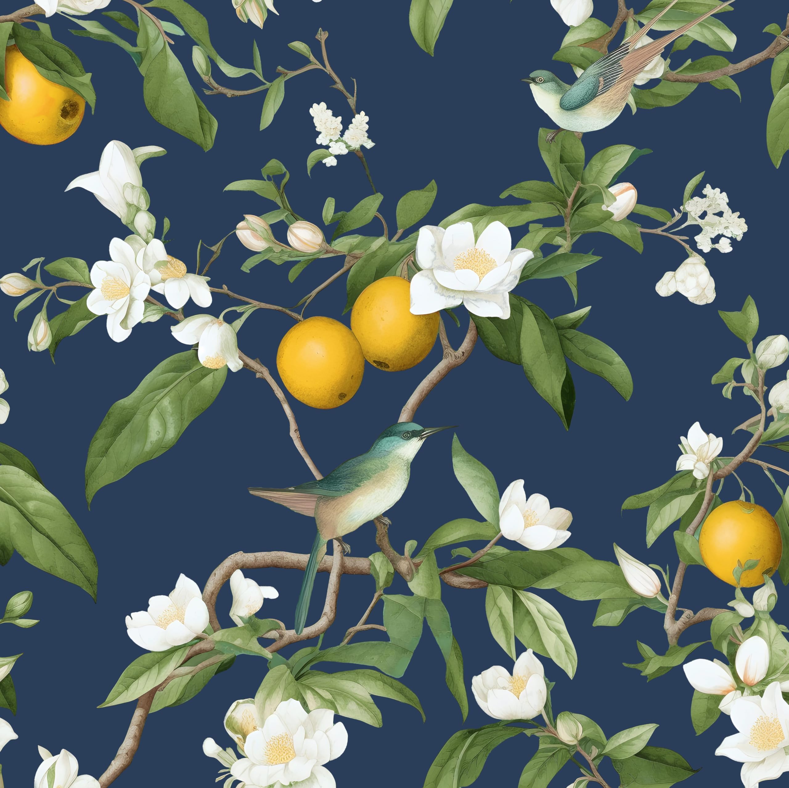 Dark Blue Floral Wallpaper Peel and Stick, Vintage Bird Leaf Fruit Contact Paper, Self Adhesive Waterproof Removable Botanical Wall Paper Mural 17.5"