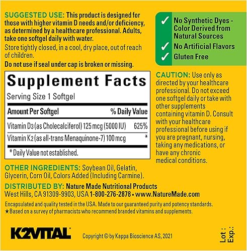 Miniatura 5 de Nature Made Vitamina D3 K2, 5000 UI (125 mcg) de vitamina D, suplemento dietético para huesos, dientes, músculo e inmunidad, 30 cápsulas blandas,