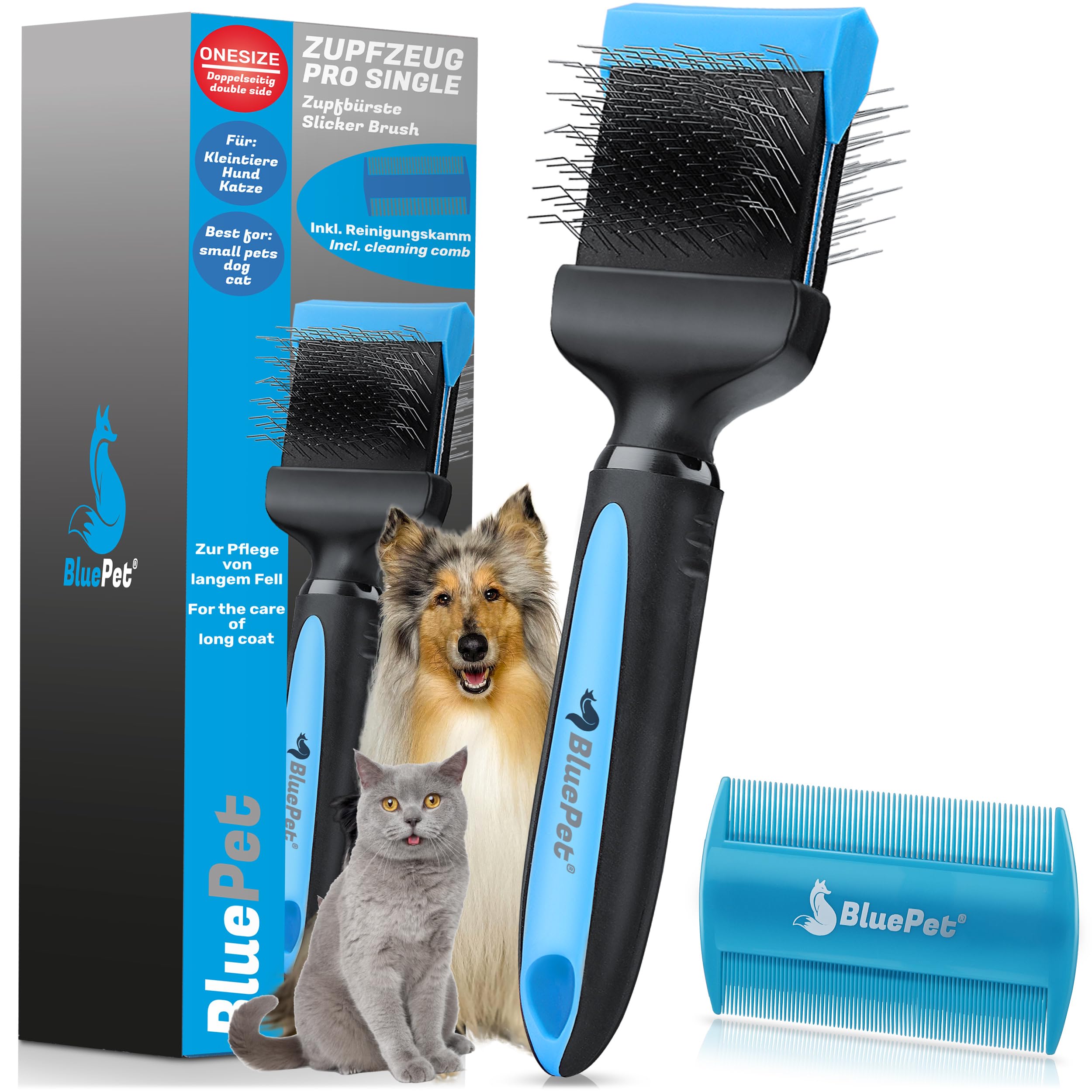 BluePet ZupfZeug Pro Professionelle Hundebürste Langhaar, Flexible Zupfbürste für Hunde & Katzen I Entfernt sanft Unterwolle, Verfilzungen & Knoten