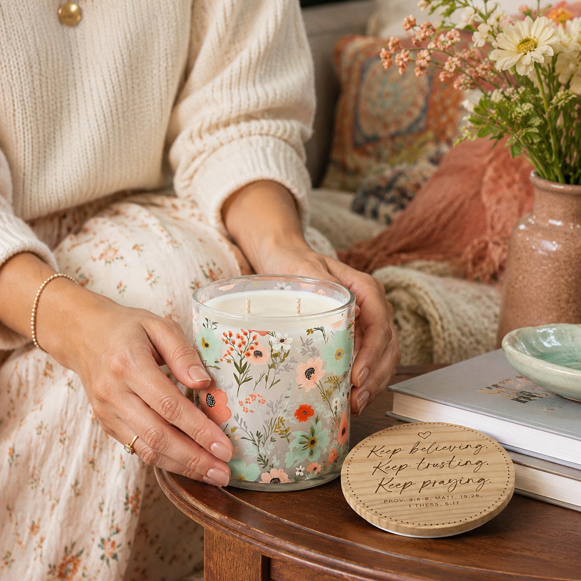 Vela aromática cristiana inspiradora para mujer, vela en tarro de cera de soja de 13 onzas con tapa de madera grabada, «Keep Believing Trusting Praying», vela de vidrio floral de menta y coral de 2