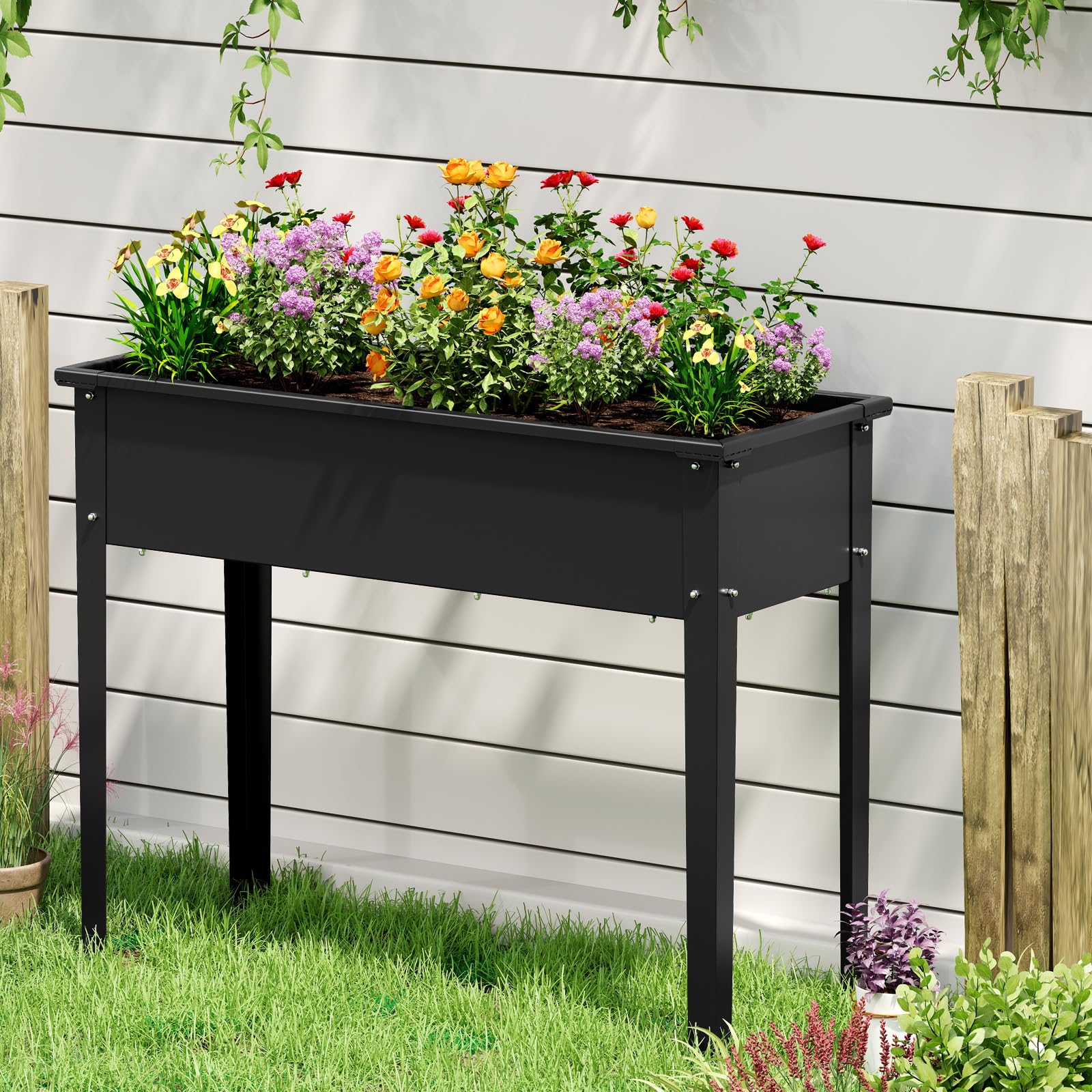 HOMASIS Huerto Elevado Terraza, Grande Jardinera Elevada para Exterior con Rectangular Macetero, Mesa de Cultivo en Casa para Plantas, Vegetales, Flores, Negro (100 x 40 x 80 cm)