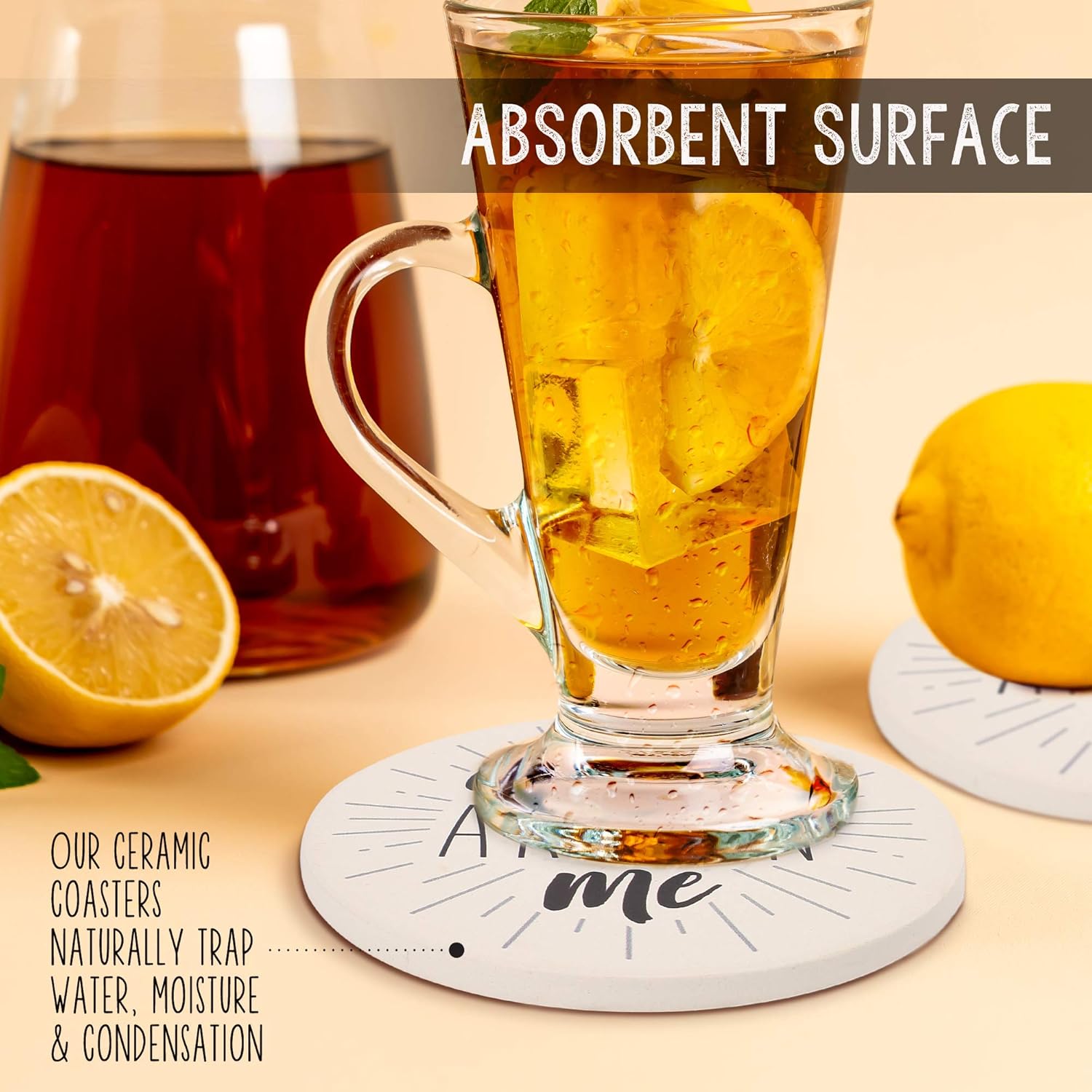 LotFancy 6PCS Ceramic Coasters with Cork Base, Round Coasters with 6 Humorous Sayings, Non-Slip, Bar Room Decor, Housewarming Gift - Image 4