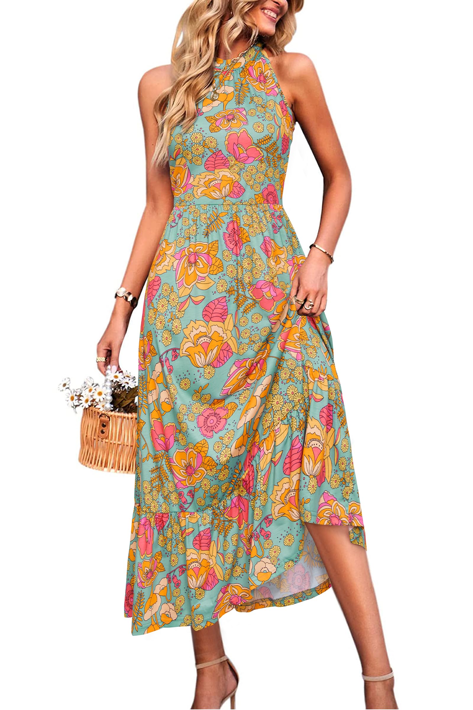 STYLEWORD Women’s 2025 Summer Dress Maxi Vacation Floral Halter Neck Sleeveless Flowy Sundress with Pockets