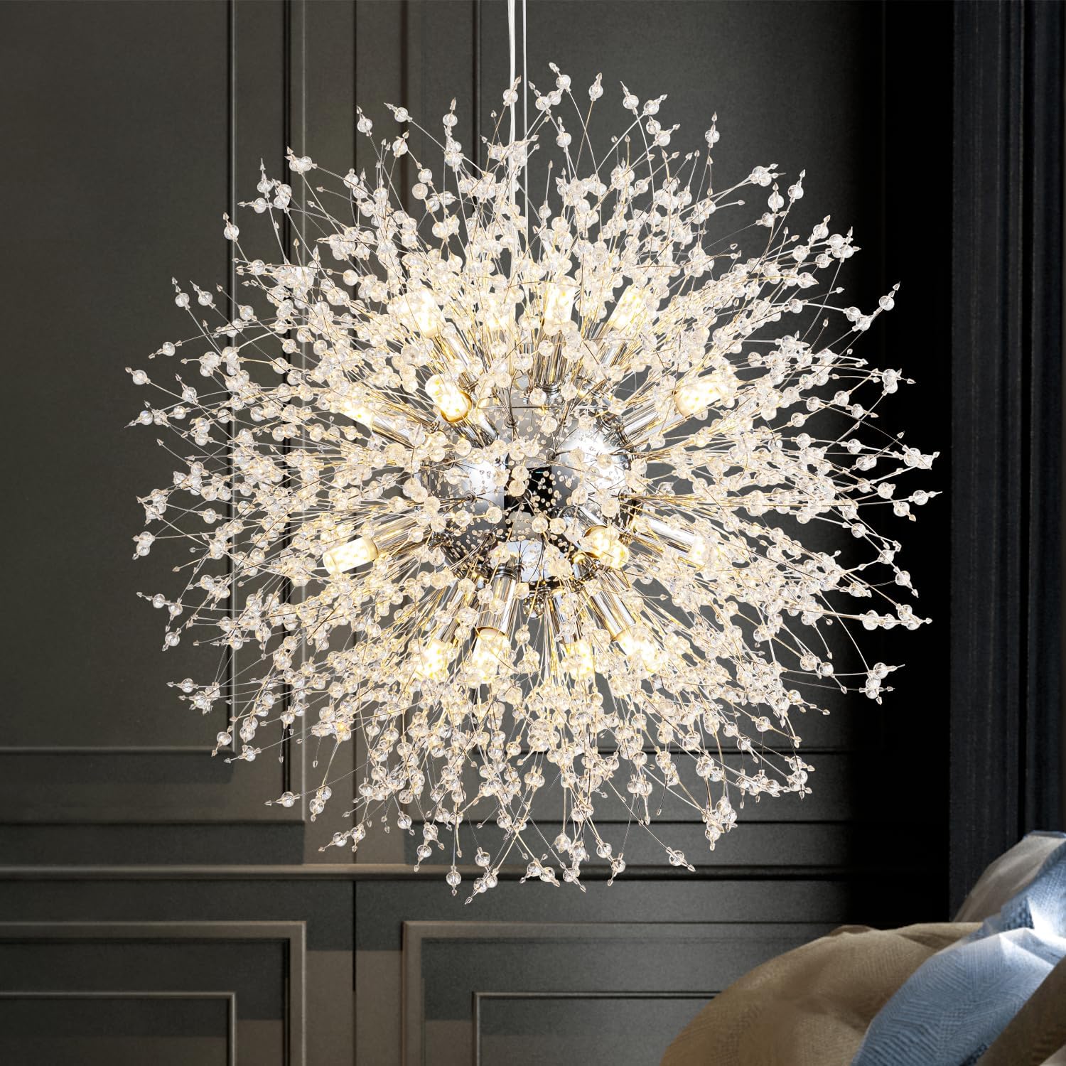Modern Crystal Chandeliers Firework, Crystal Light Fixture, Dandelion Chandelier (16-Light, Chrome) for Foyer Hallway Entryway Kitchen Bedroom (Bulbs Not Included) Chrome 16-Light