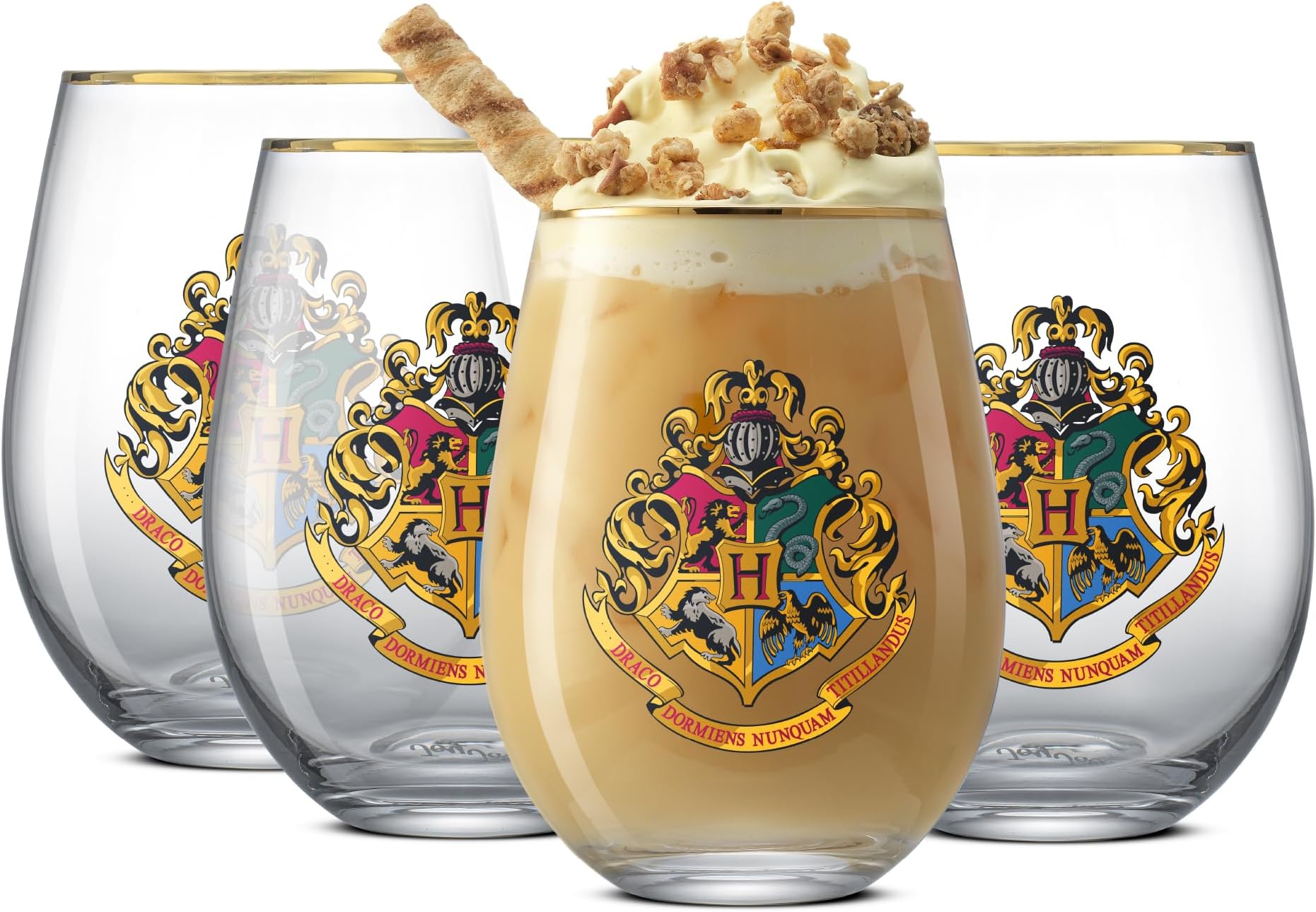 JoyJolt Harry Potter Hogwarts Heritage Stemless Drinking Glasses, 19oz Glass Tumblers, Teardrop Glass Drinking Glasses Set of 4, Hogwarts Cup, Harry Potter Gifts for Adults