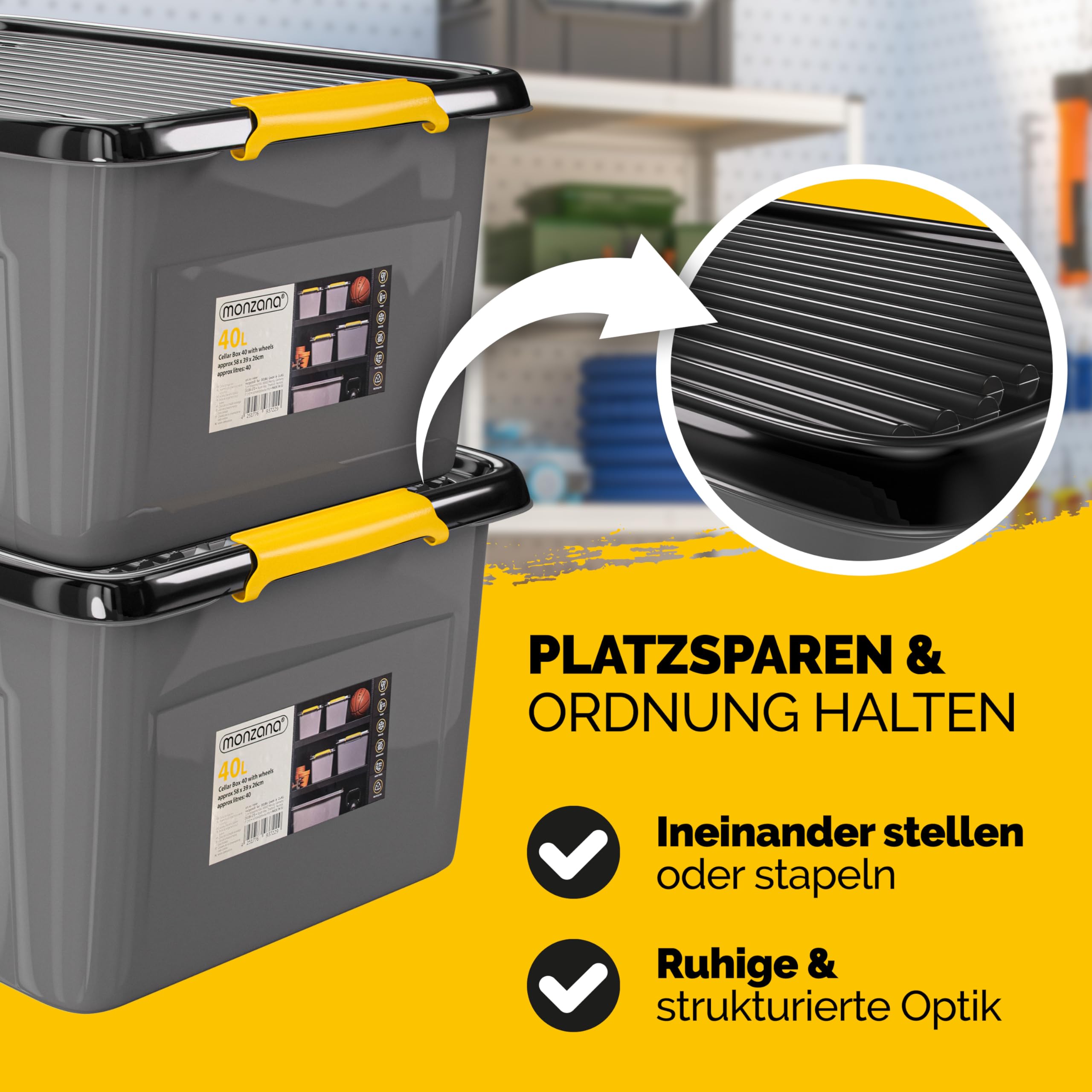 Monzana® 6x Aufbewahrungsbox 40L mit Deckel 40kg belastbar Kunststoff BPA frei Klickverschluss stabil flexibel stapelbar blickdicht Keller Garage Box