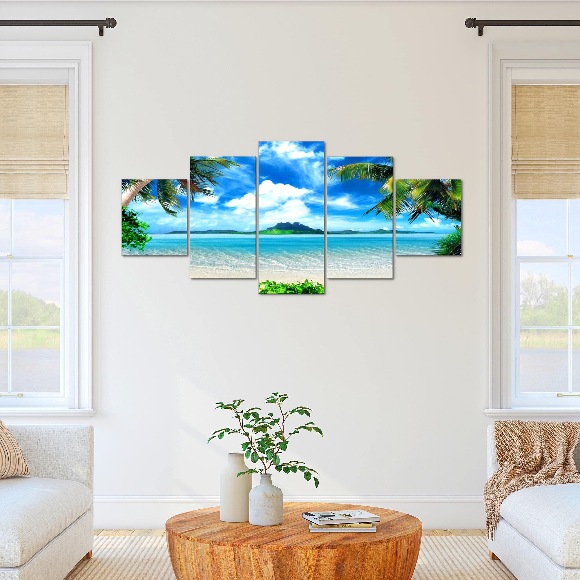 Runa Art - Bilder Strand Palmen 200 x 100 cm 5 Teilig XXL Wanddekoration Design Blau Beige 603351a