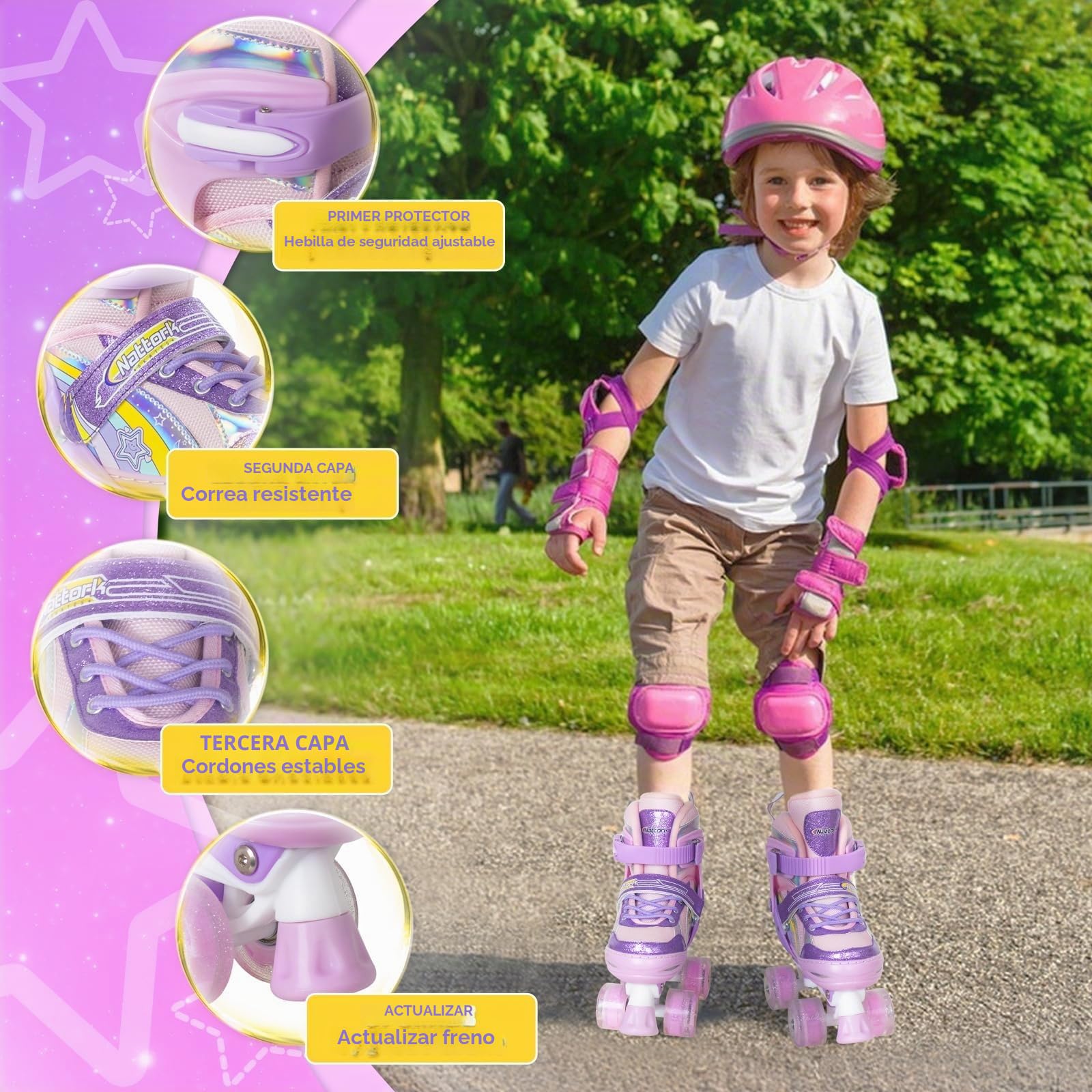 Nattork Patines de ruedas para niñas, 4 posiciones, ajustables, arco iris, el mejor regalo de cumpleaños para deportes al aire libre