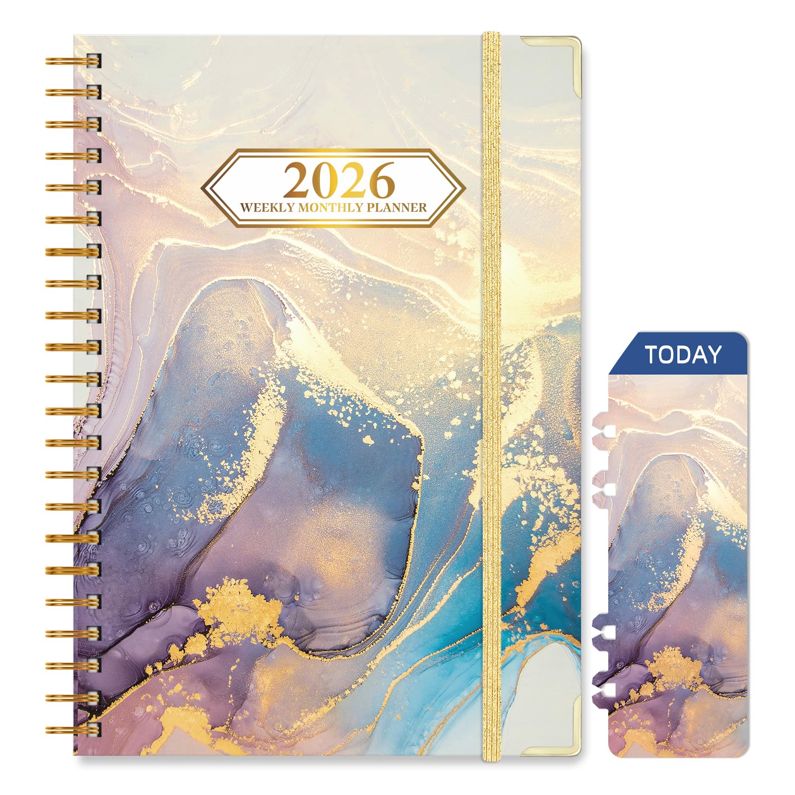 Knagsfa 2026 Planner, Jan.2026 - Dec.2026 Weekly Monthly Planner 6.25"x8.5" with Page Tabs, Calendar Hardcover with Inner Pocket, Elastic Band, Twin-Wire Binding, Bookmark, Blue Gold Marble