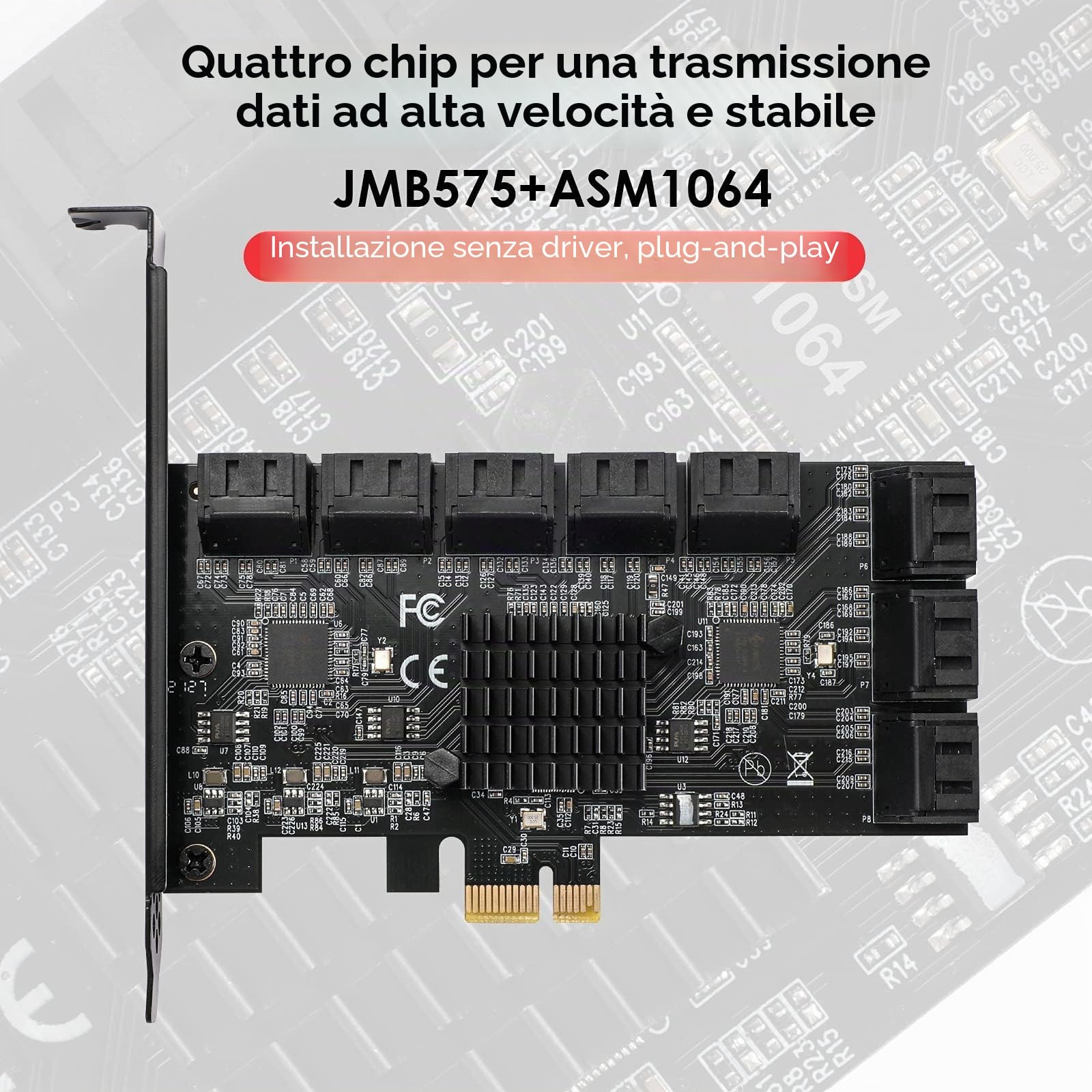 PCI Express a 16 porte Scheda 1X, controller SATA 3.0 da 6 Gbps, scheda di espansione PCIe, non raid, supporta HDD, con staffa a basso profilo e 16 cavi, chip JMB575 ASM1064