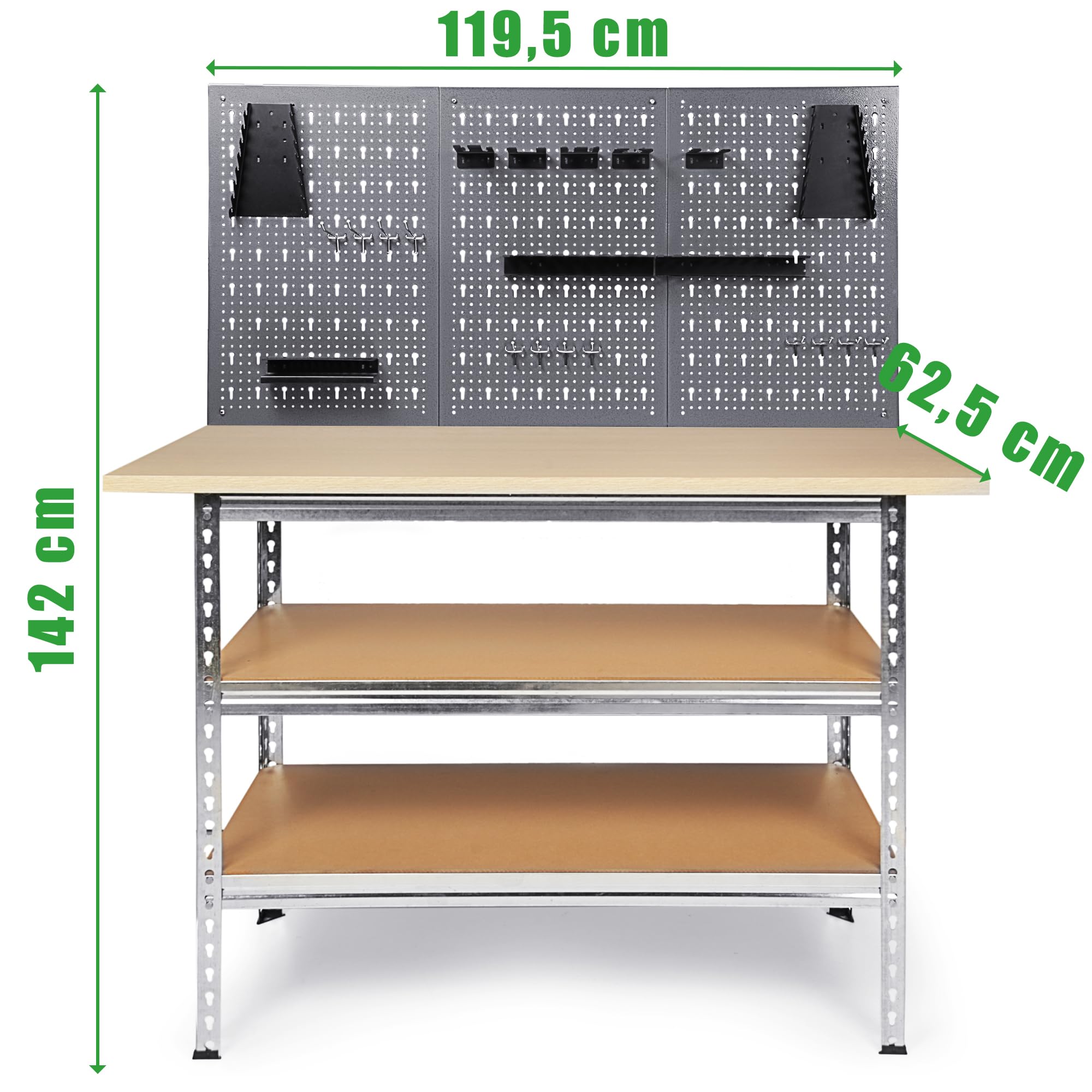 Ondis24 Werkbank Werkstatt 120x60cm Mit 25mm Melaminarbeitsplatte, 151cm Höhe, 2 Ablageflächen, Metallgehäuse, Lochwand Werkstatt Set Mit 3 Lochwänden & 22 Haken Für Handwerker