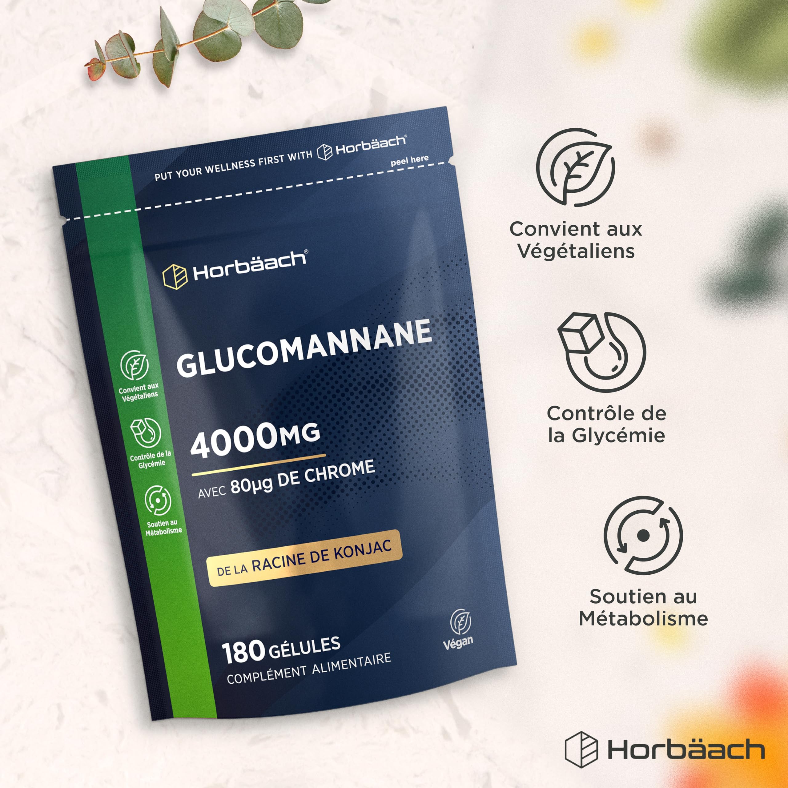 Glucomannane 4,000mg | Issues de la Racine de Konjac | 180 Pièces Véganes | 100% Pur | Horbaach