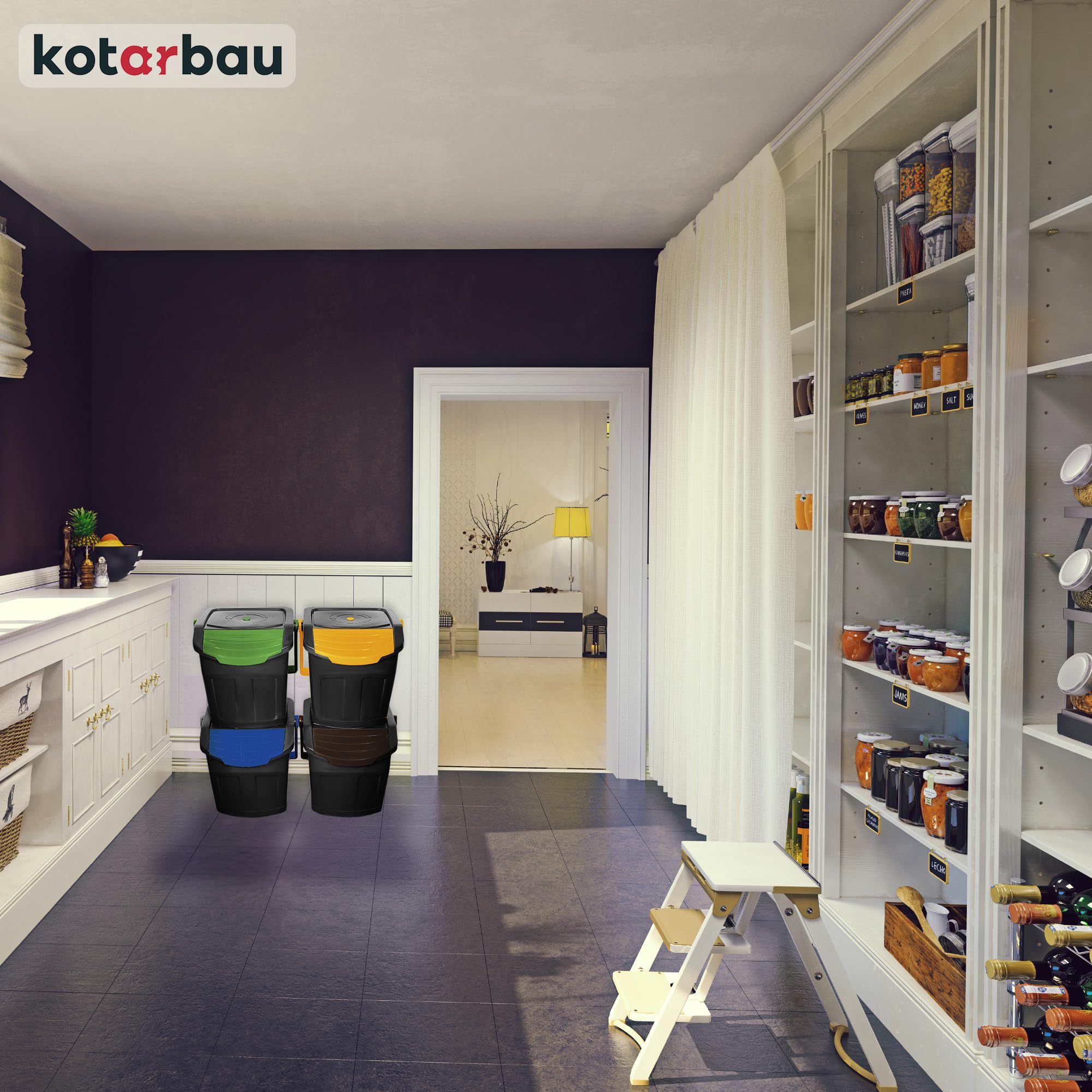 KOTARBAU® Mülltrennsystem Mülleimer Küche 4 Fächer Abfalleimer Deckel Plastik Küchenabfalleimer Küchenmülleimer Recycling System Trennsystem Müllsystem Dustbin Mülltrennung Eimer Mülltrennsysteme