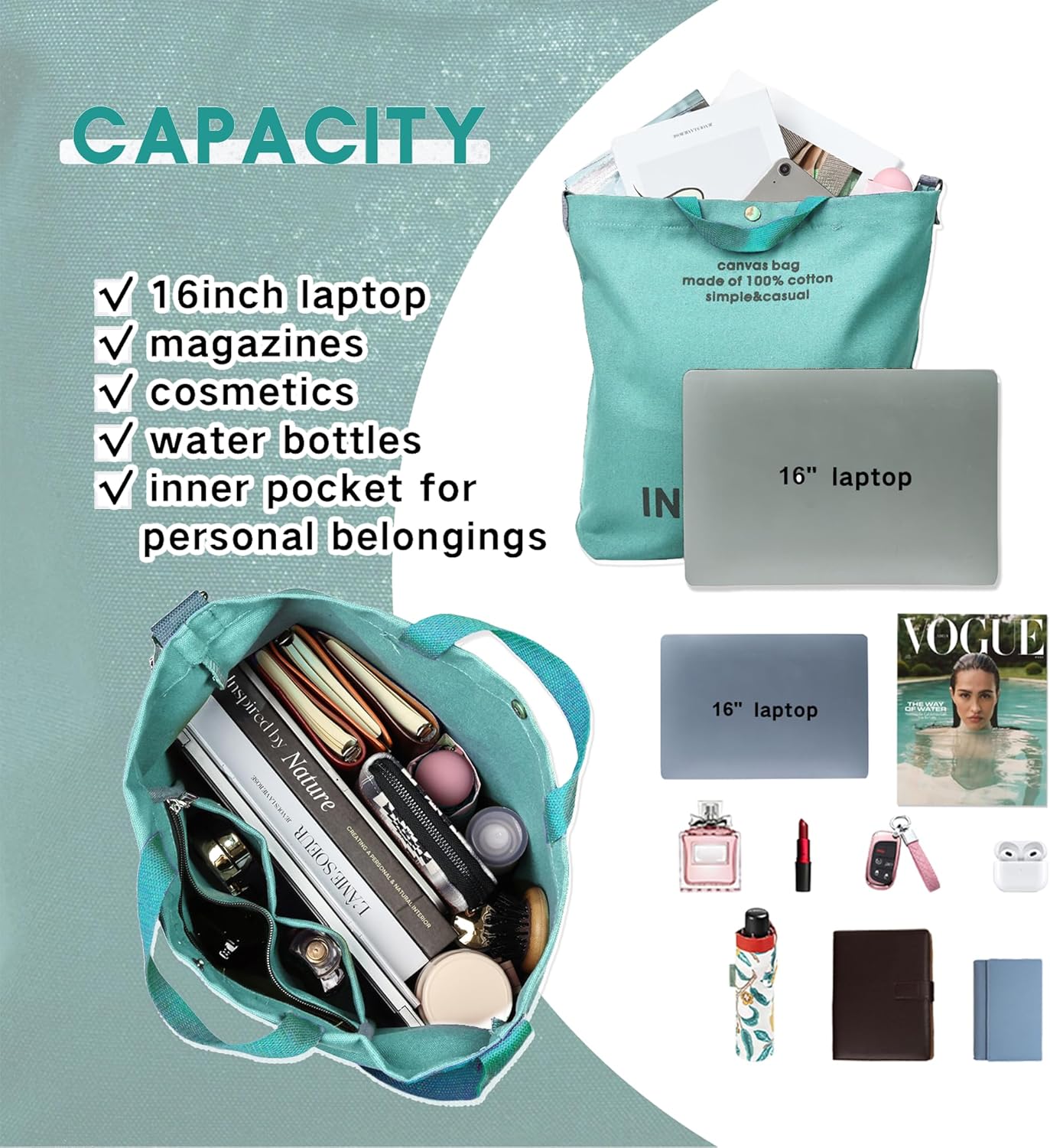 Large Canvas Tote Bag for Women inside out Bag Crossbody Shoulder Bag with Adjustable Strap for Work Travel Shopping - Image 5