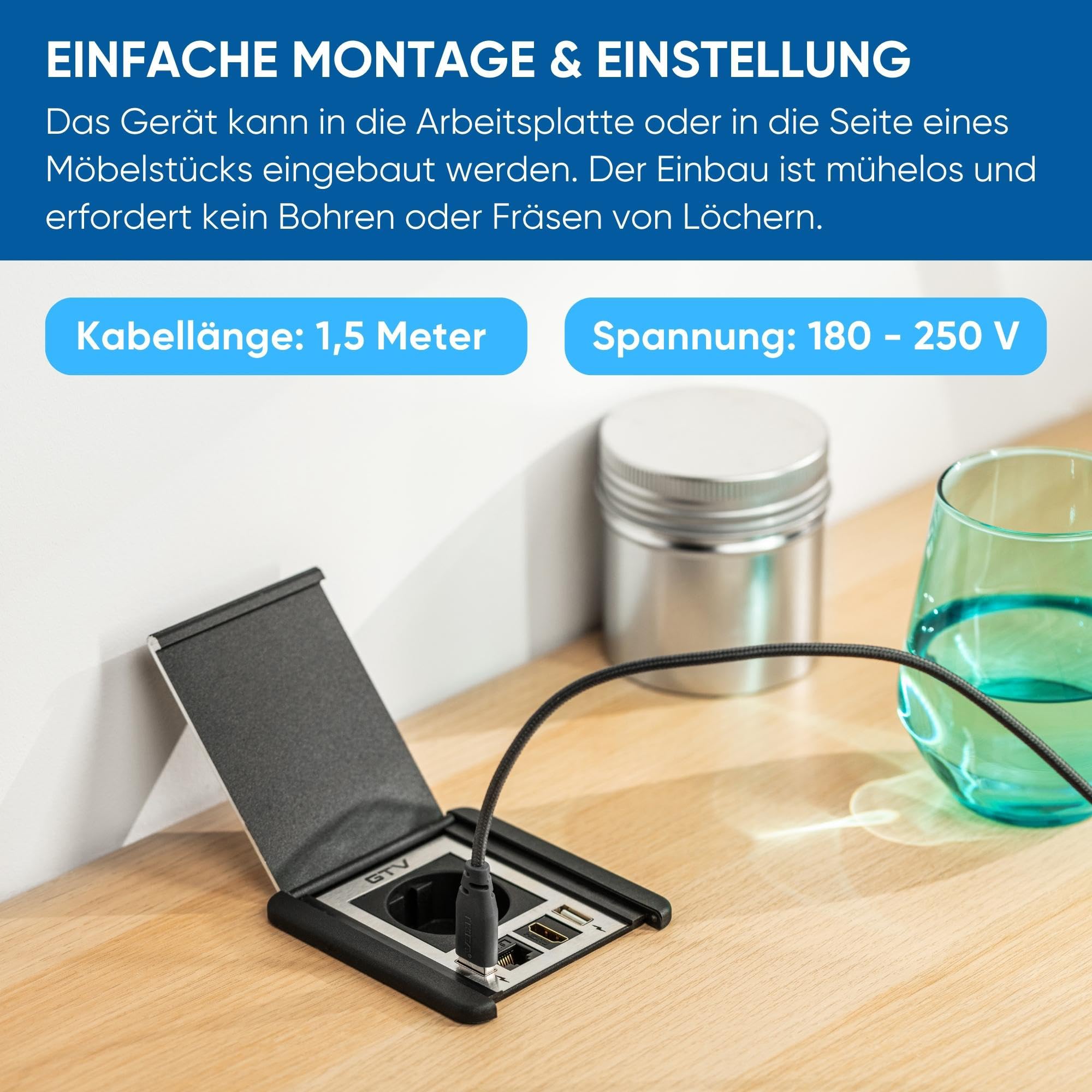 GTV - Möbelsteckdose FLIP, Einbausteckdose, 1x Schuko Steckdose, 2X USB A, 1x RJ45, 1x HDMI, Kabellänge 1,5m, Farbe Schwarz, für Schreibtische, Tischplatte, Küchen und Büro