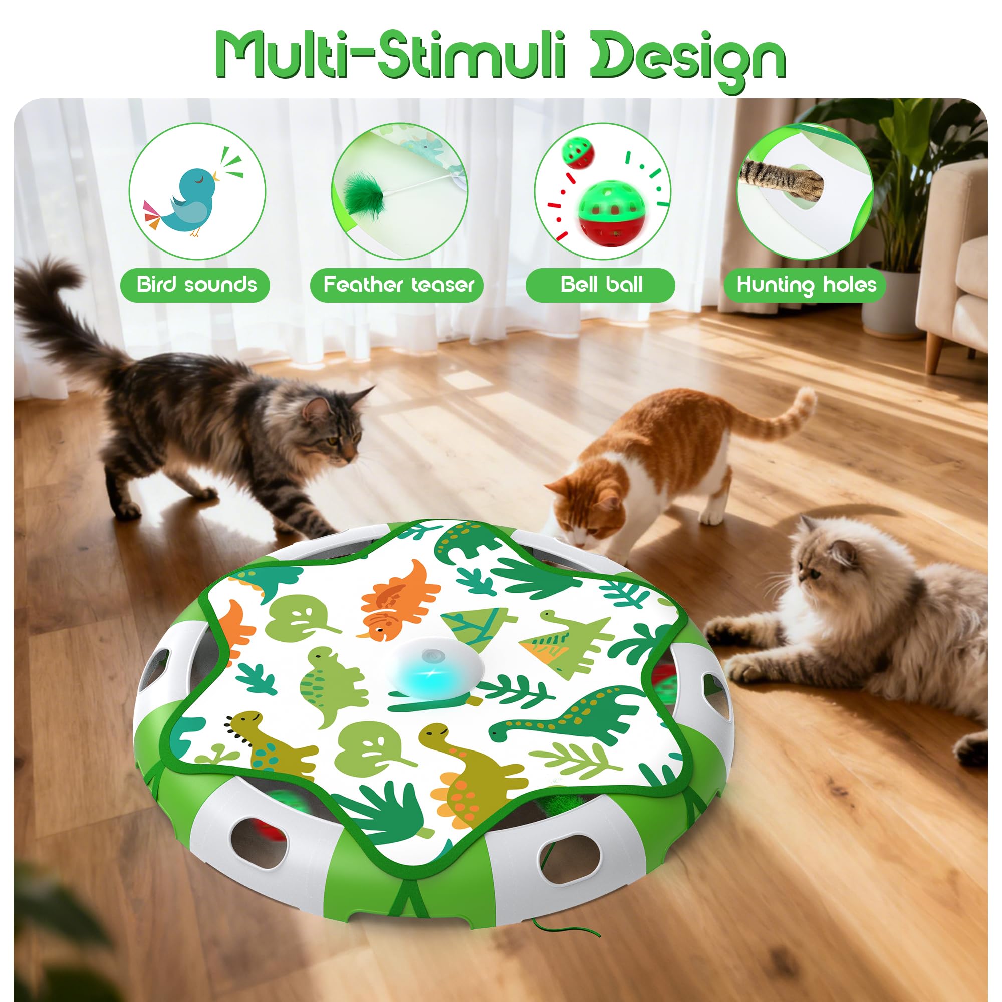 Jouet Interactif pour Chat, Jouet Chat Automatique Rechargeable, Jeux Chat avec Plume Mobile & Chant d'Oiseau & Clochette Chat, Jouets d'Intérieur pour Chatons et Chats Adultes