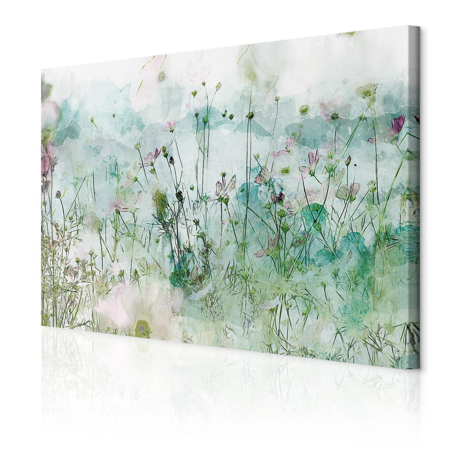 decomonkey Quadri Moderni Soggiorno Fiori Tipo Prato, 1 pezzo, 120x80 cm | Tela strutturata su telaio in legno, decorazione per camera da letto e ufficio, dipinto, verde, rosa, Quadro Stampa su Tela