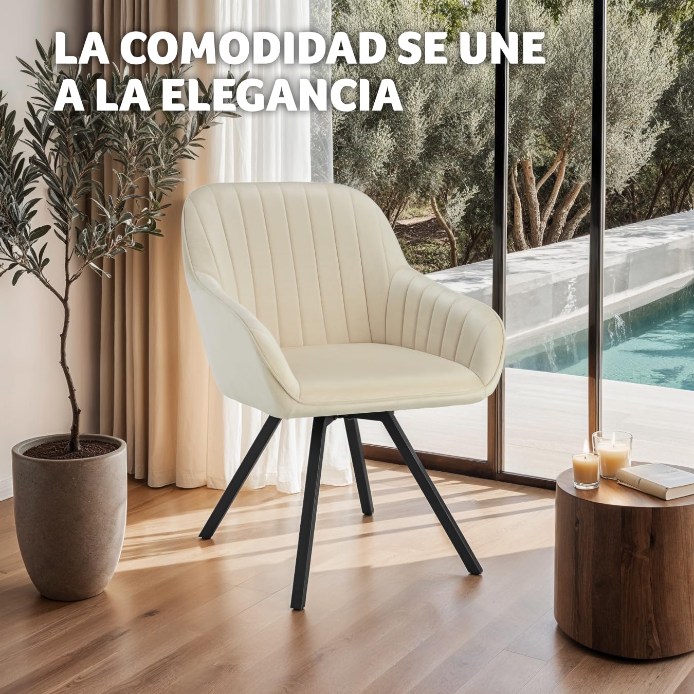 tectake® Sillas de Comedor Giratorias con Funda de Terciopelo, Acolchada, Respaldo Continuo, Silla Dormitorio, Silla con reposabrazos, sillas nordicas, Muebles Salon Modernos - 1 Silla Crema