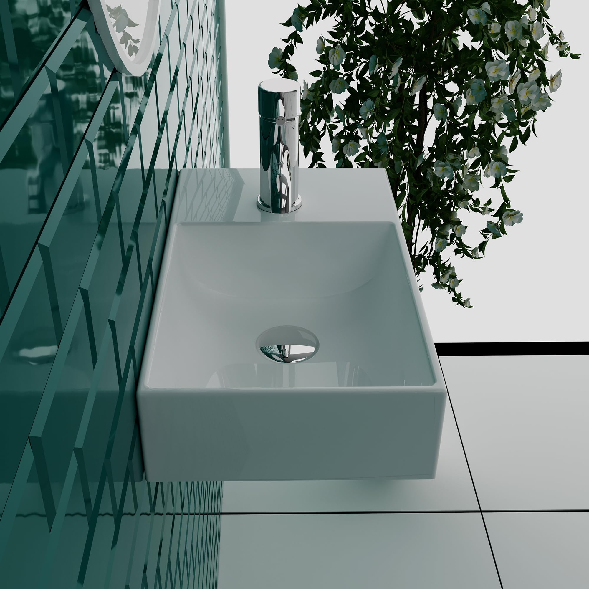 Alpenberger Mini Waschbecken Eckig | Badwaschbecken aus Sanitärkeramik mit Links Becken | Gästeklo Waschbecken zur Wandmontage | Badezimmer Waschtisch Rechteckig in Weiß mit Ablagefläche Rechts