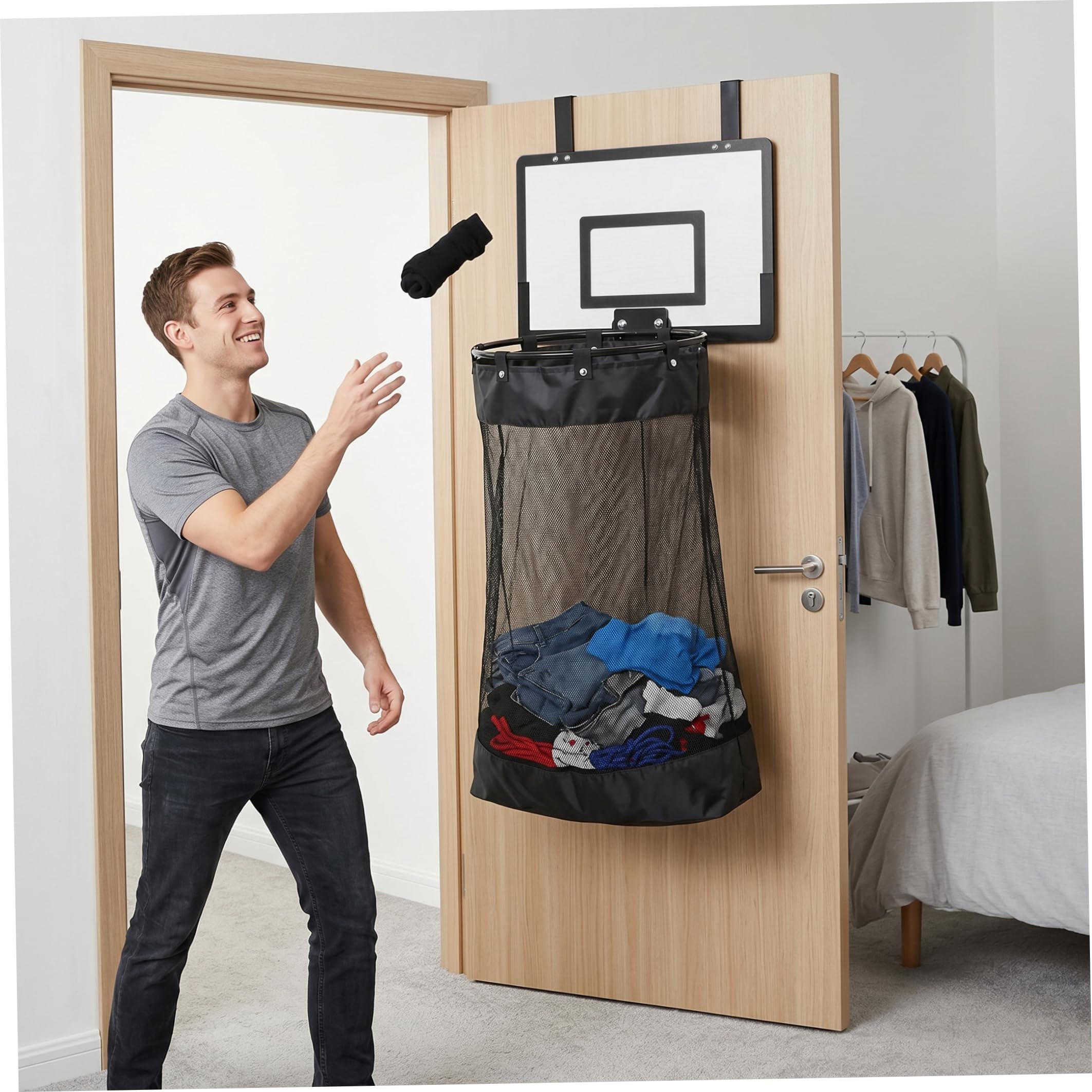 Basketball Hoop Laundry Basket, Hanging over the Door Laundry Hamper, No-Drill Fun Storage for Kids Room, Dorm Rooms, Black, Summer Use
