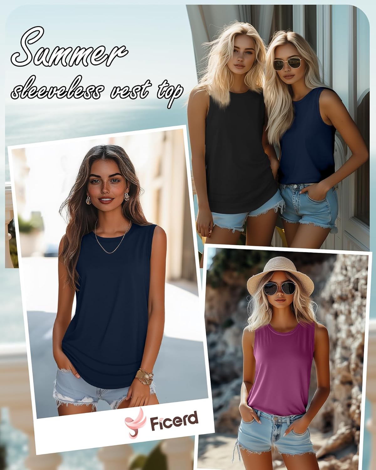 Ficerd 3 Pack Women's Cotton Tank Tops Sleeveless Crew Neck Summer T-Shirts Side Curved Hem Loose Casual Blouses(Black, Navy Blue, Fuchsia,M) - Image 4
