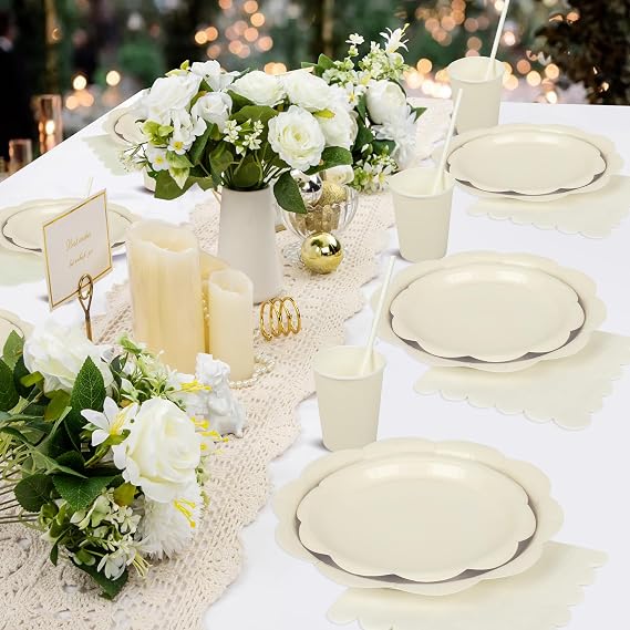 125 Pcs Cream Paper Plates and Napkins Set, Ivory Party Tableware Set