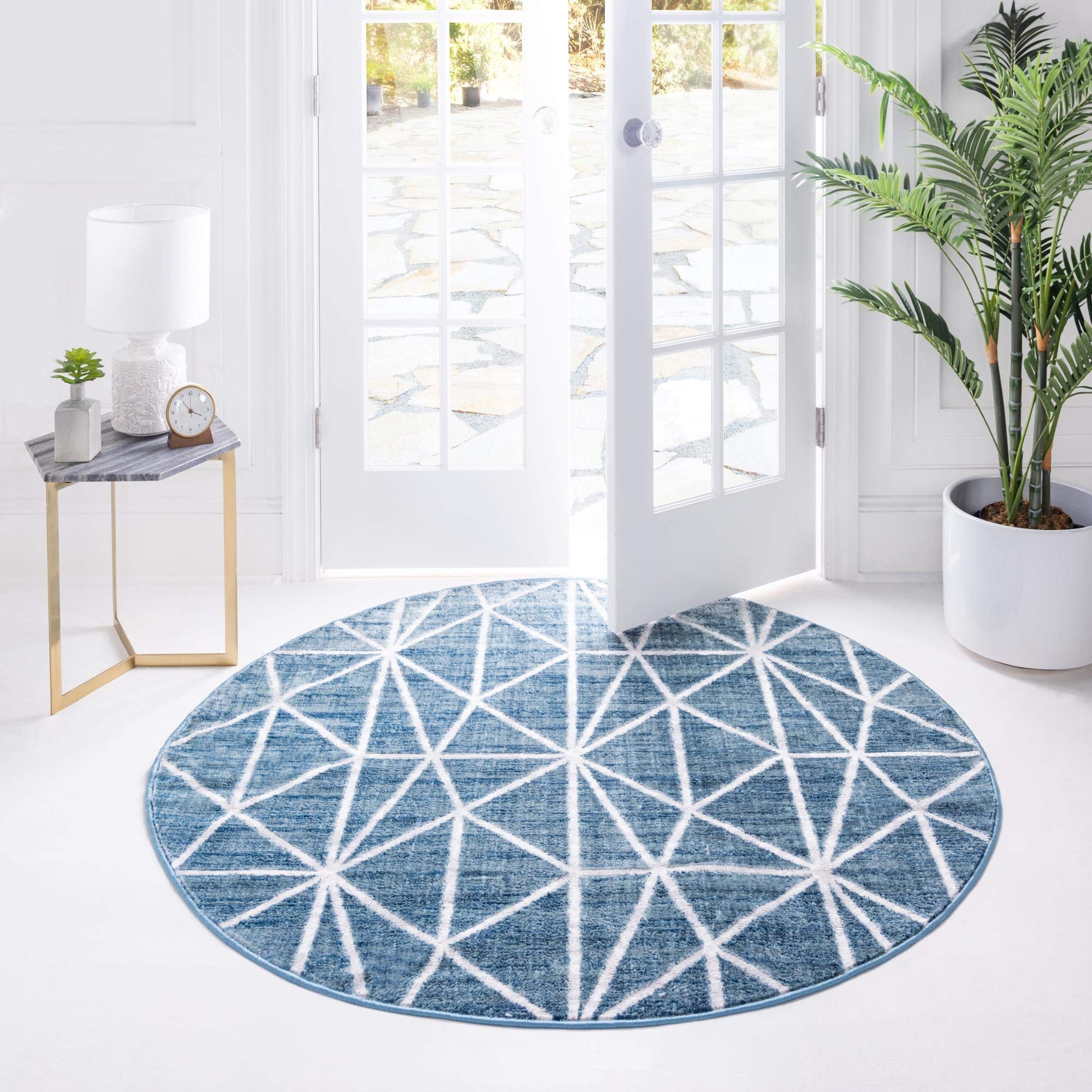 Rugs.com Lattice Trellis Collection Rug – 8 Ft Round Blue Low-Pile Rug Perfect for Kitchens, Dining Rooms
