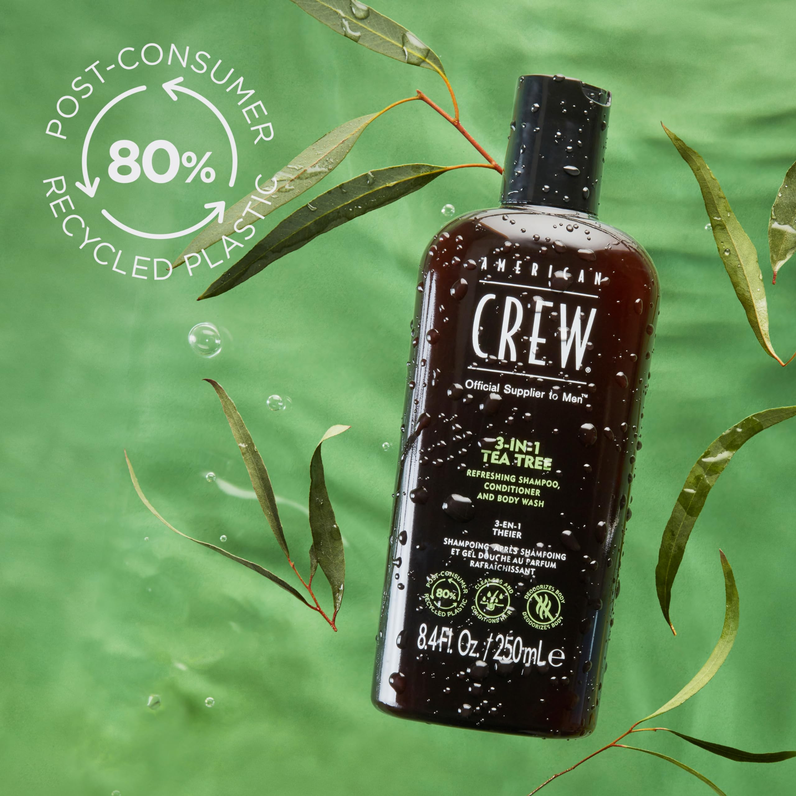 American Crew 3 en 1 Tea Tree, Champú Acondicionador y Gel de Ducha, Limpia y Elimina el Sebo del Cuero Cabelludo, Desodoriza el Cuerpo, Cabello Acondicionado y Brillante, Fragancia Árbol de Té