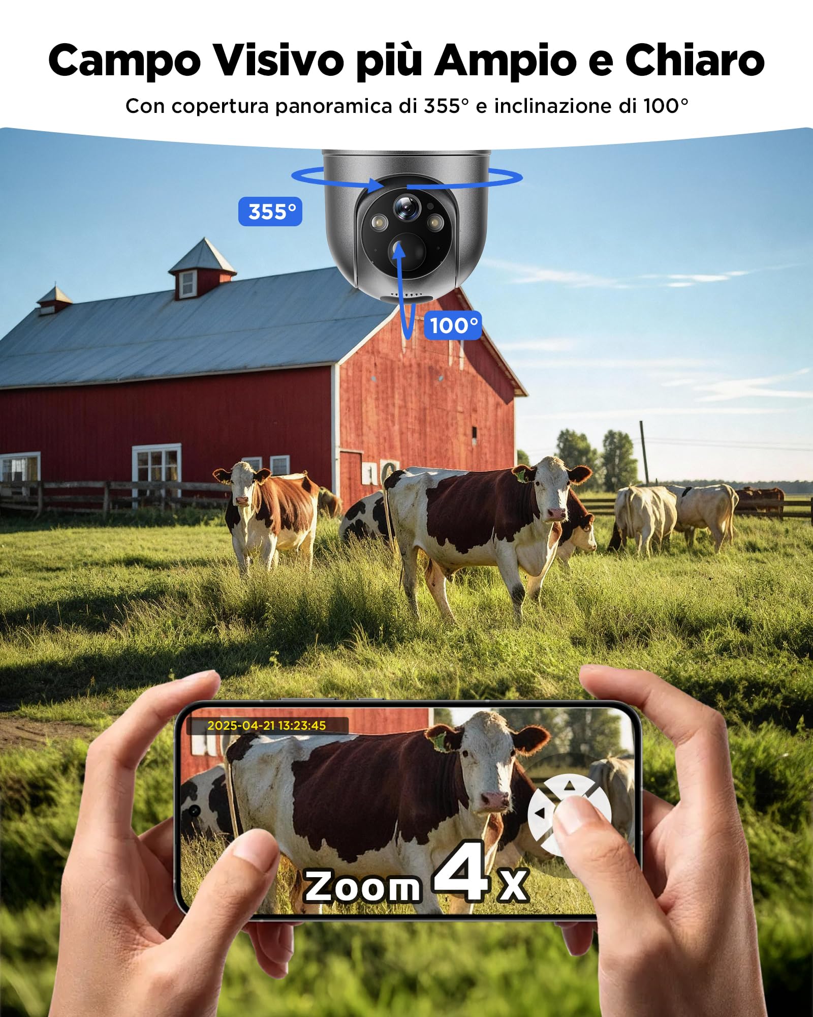 4G LTE Telecamera Esterno Solare con SIM Senza Fili, 2K Telecamera con Pannello Solare e Batteria, 360° PTZ, Visione Notturna a Colori, Rilevamento PIR, Audio Bidirezionale, IP66, Senza WiFi