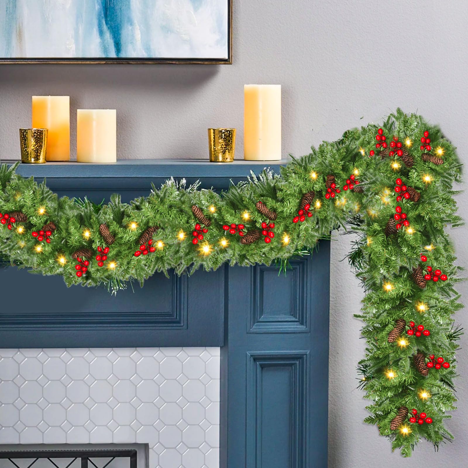 NUZEKY Guirnalda de Navidad, 2,7 m, Guirnalda de Abeto con 30 Luces LED, Guirnalda de Navidad, Guirnalda de Navidad para Exterior con Flores, Bolas para Interior y Exterior, Chimenea, Escalera