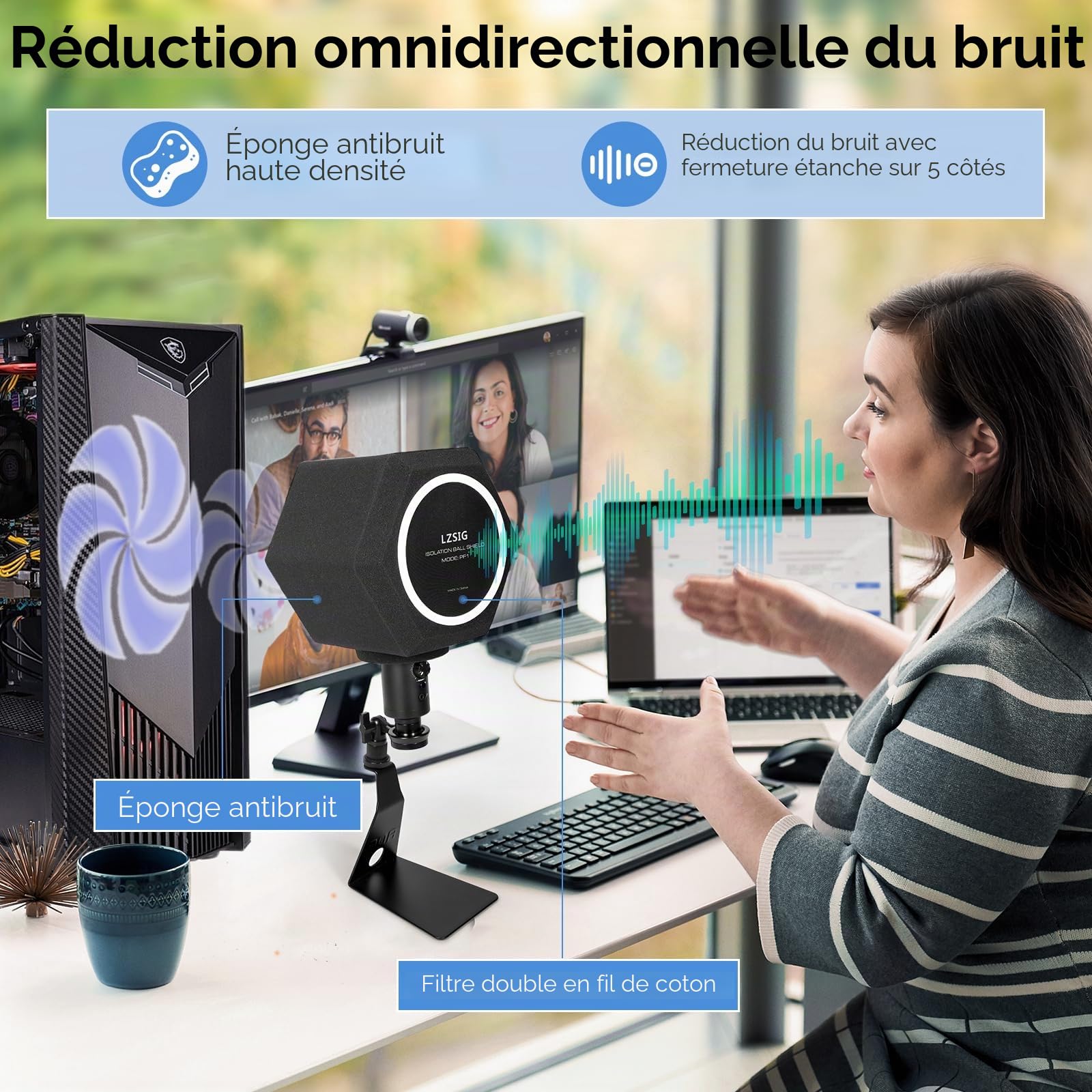 LZSIG Boule d'isolation professionnelle pour microphone avec filtre anti-pop à 2 couches pour micro, filtre de réflexion pour les studios d'enregistrement, mousse haute densité pour une excellente