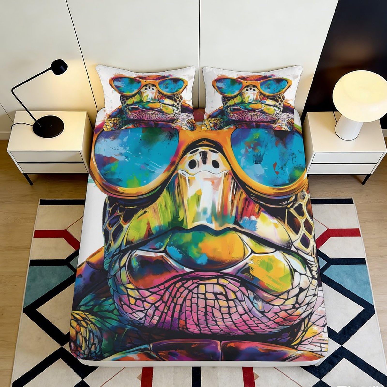 3D Printed Colorful Frog Fitted Sheet Microfiber Soft Breathable Graffiti Sunglasses Mattress Cover for Bedroom Decor 90x200x25cm